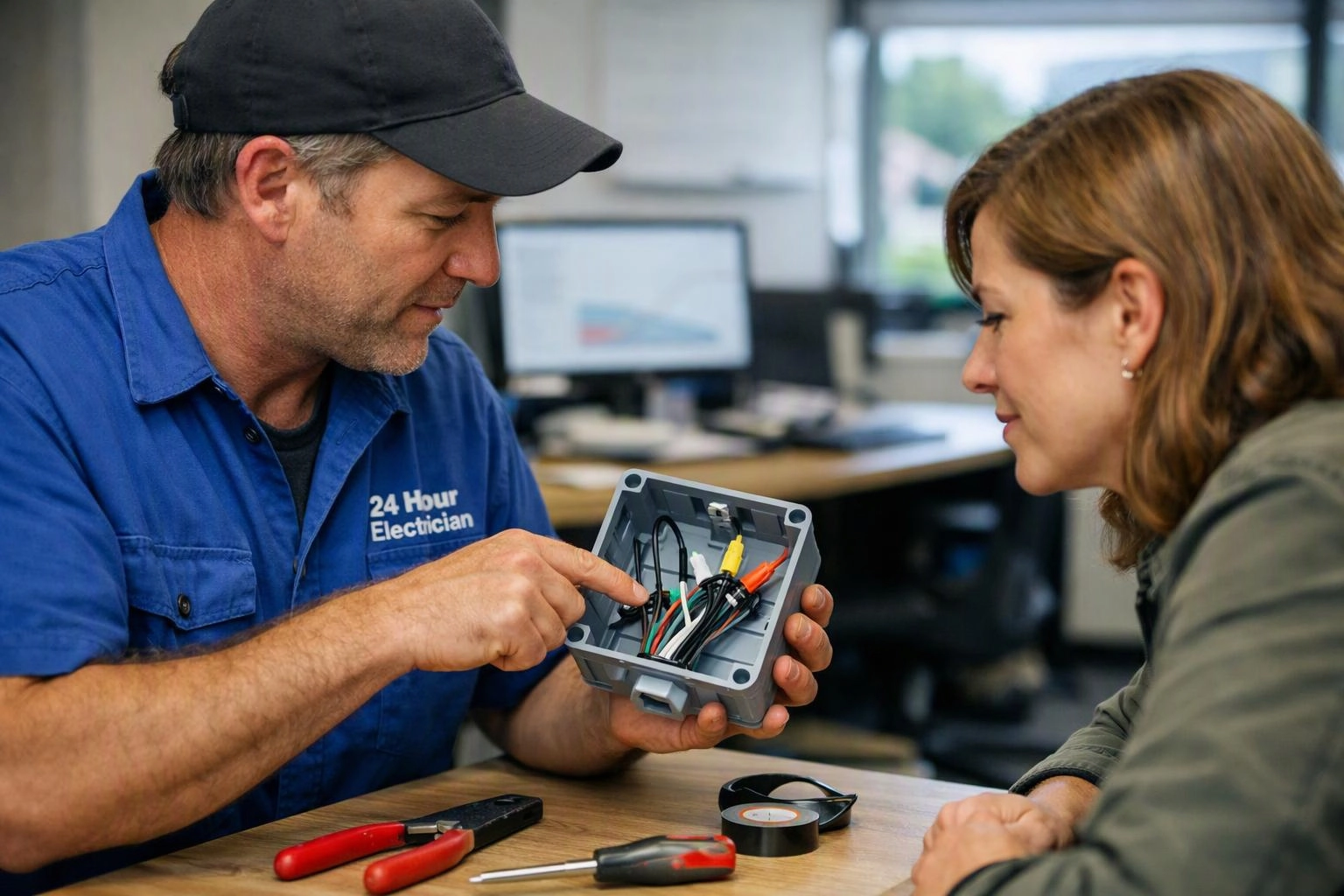 A man in a blue electrician shirt shows a wired junction box to a woman at a table indoors