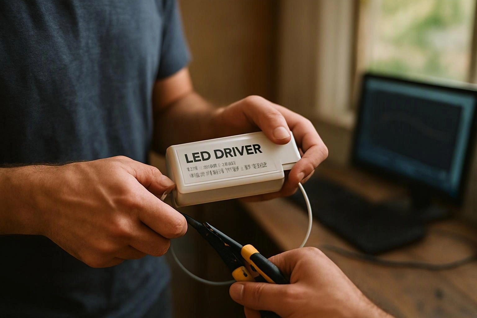 Two hands hold an LED driver while another hand uses wire cutters beside a laptop on a desk