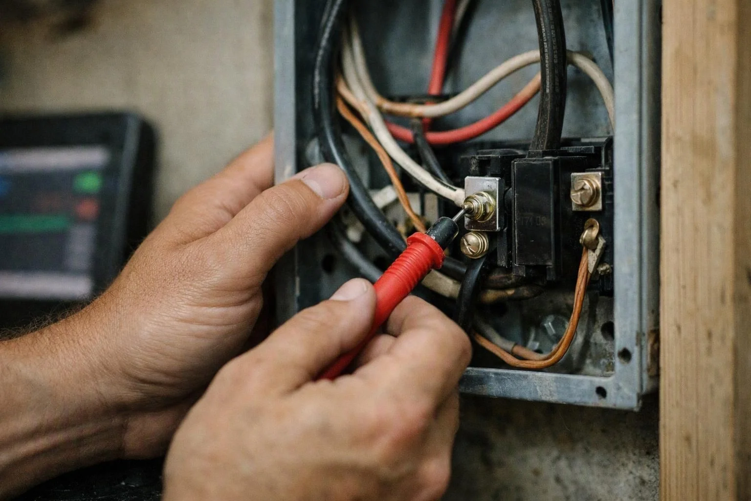 Hands use a red probe to test wiring inside an open electrical box