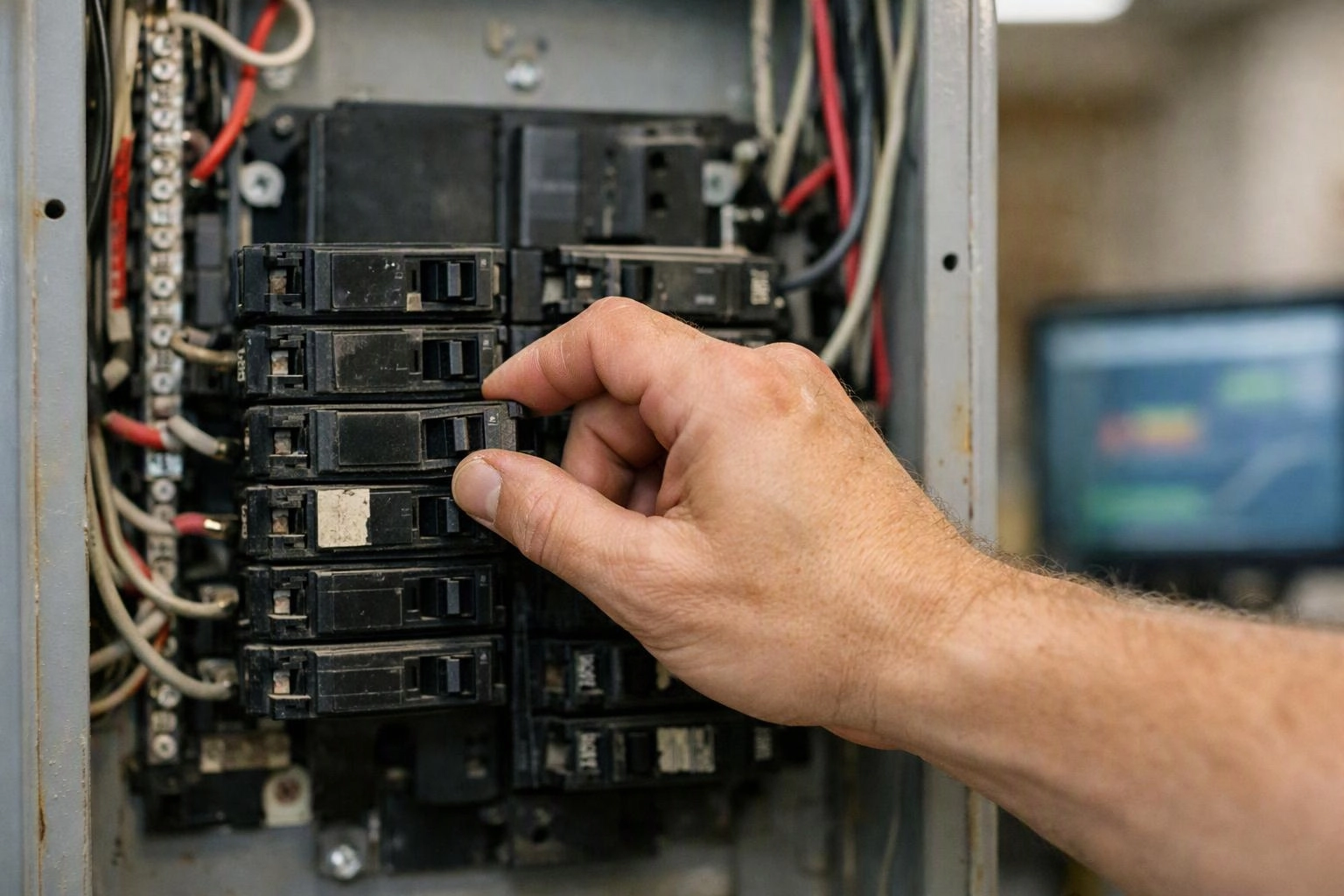 A hand adjusts a row of circuit breakers inside an electrical panel
