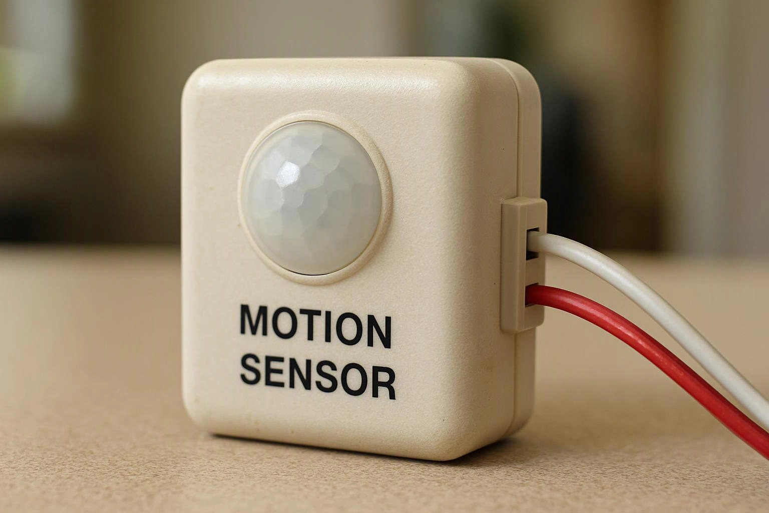 A beige motion sensor with red and white wires sits on a tabletop against a blurred background