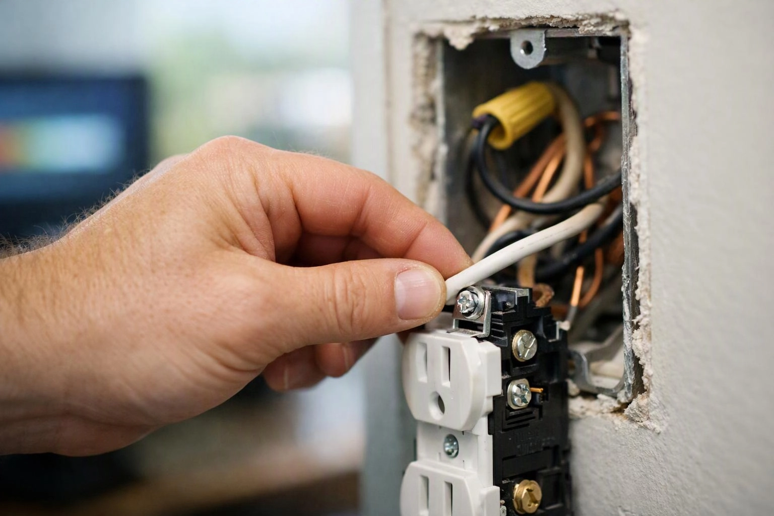 A hand wires an electrical outlet into a wall box with exposed cables
