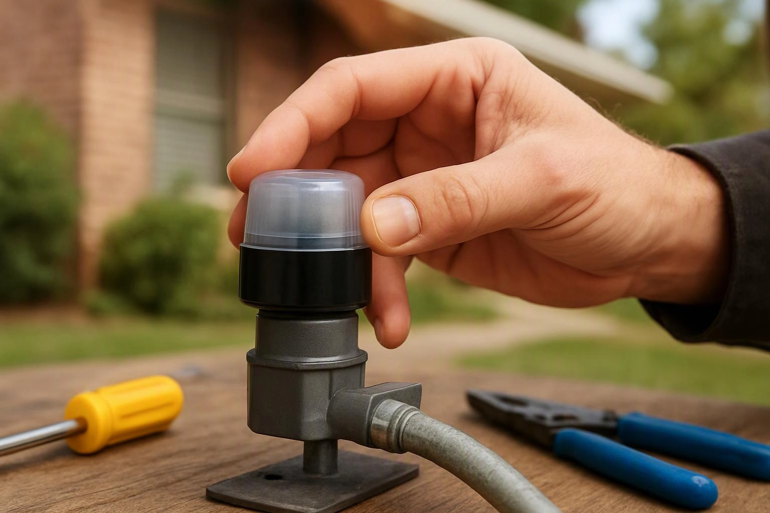 A hand adjusts a small outdoor device on a wooden table, with tools and a hose nearby