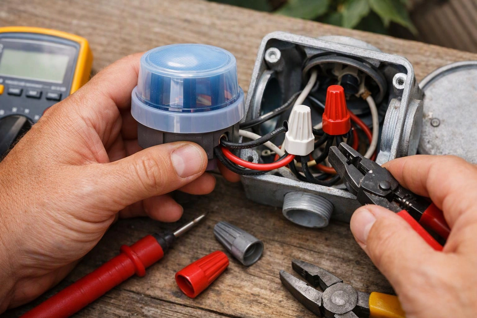 Hands wire a junction box with pliers, wire nuts, and a tester on a wooden workbench