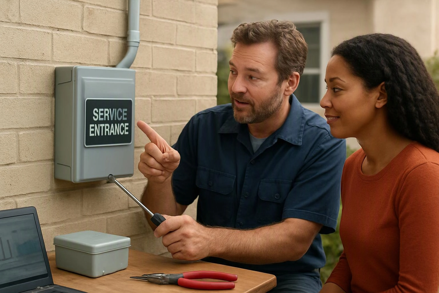 A man points at a service entrance box while a woman watches beside him outside a brick wall