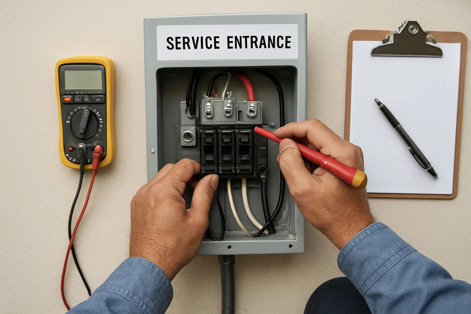 Hands inspect an open electrical service panel while a multimeter and clipboard sit beside it