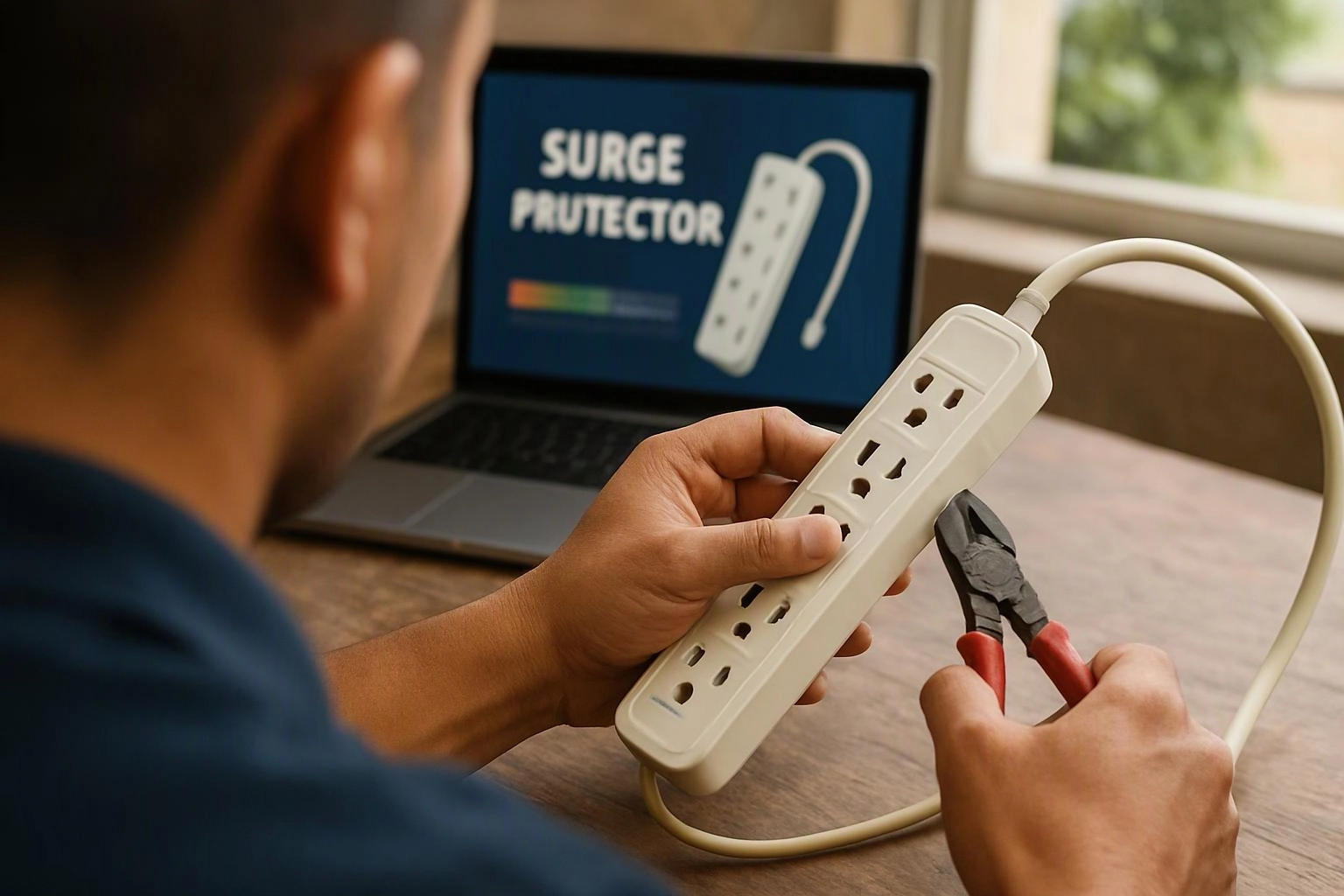 A person holds a power strip and pliers beside a laptop showing “SURGE PROTECTOR” in a room by a window