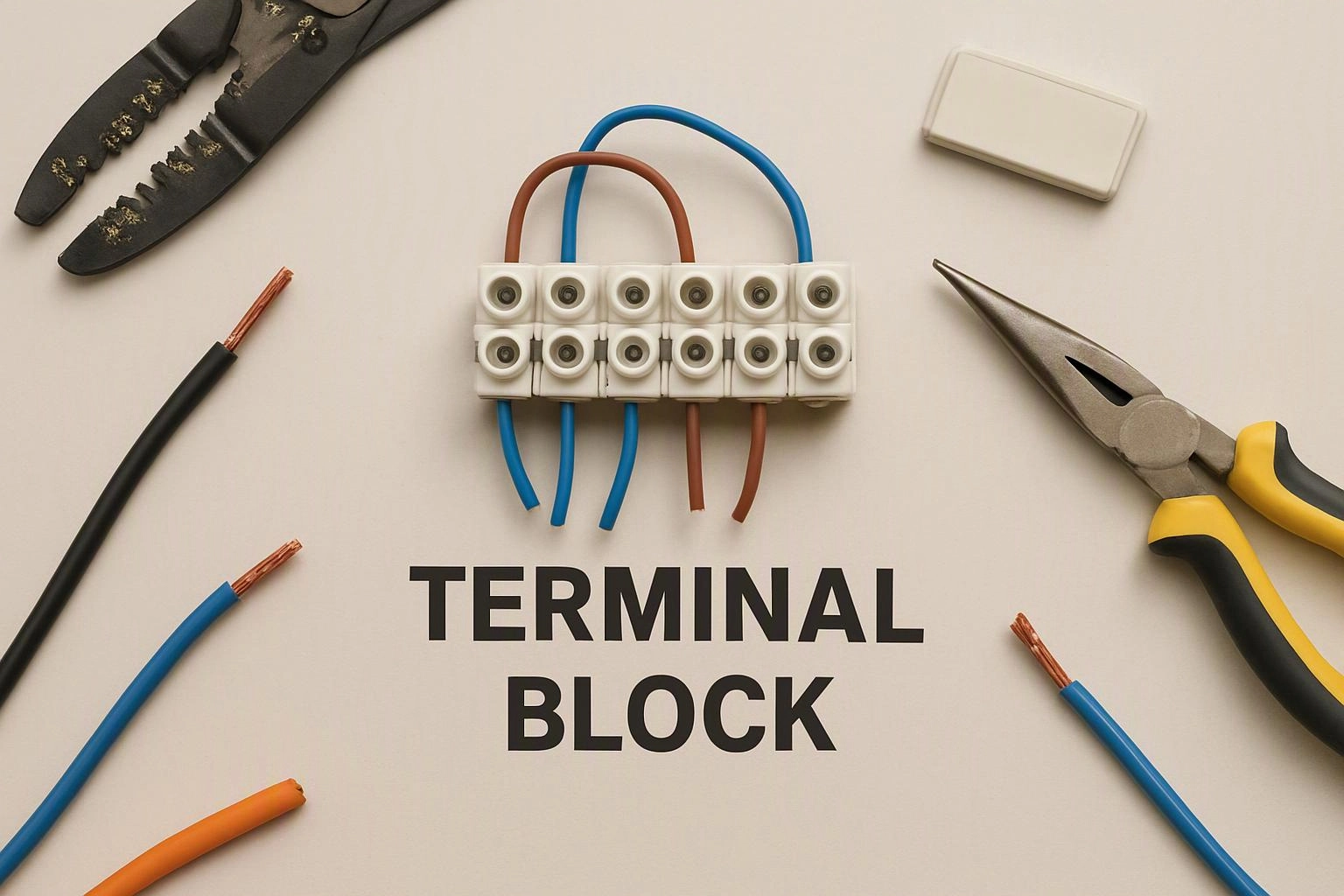 A terminal block with blue and brown wires sits on a work surface beside pliers and cut cable ends