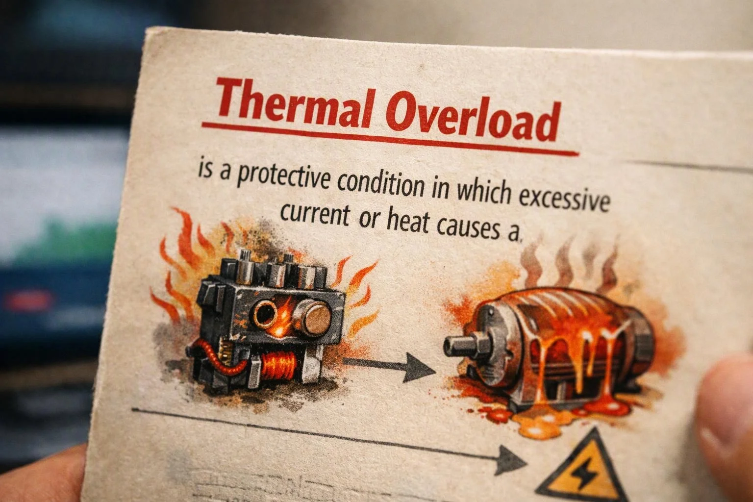 A hand holds a card showing the heading “Thermal Overload” with a hot motor illustration and warning symbol