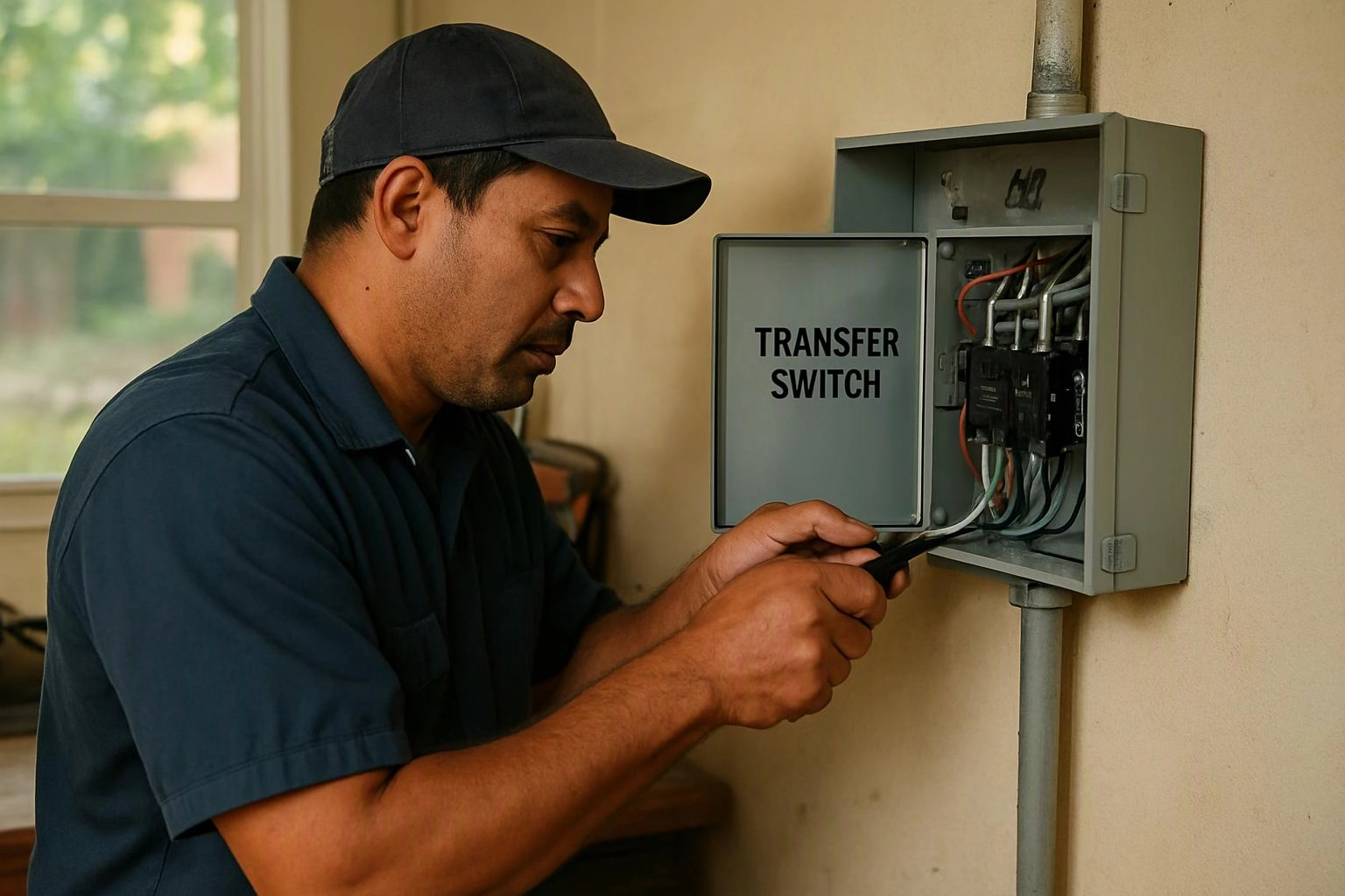 A man in a cap works on an open transfer switch panel indoors with a screwdriver