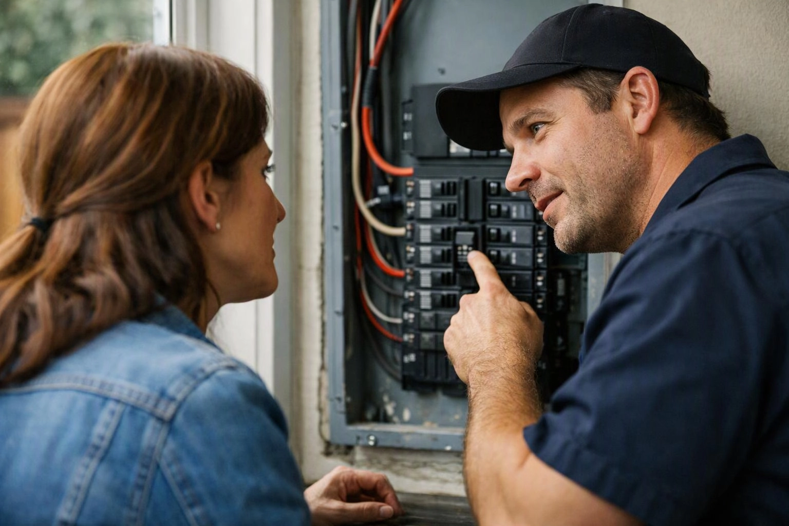 A man in a cap points at an open electrical panel while speaking to a woman in a denim jacket