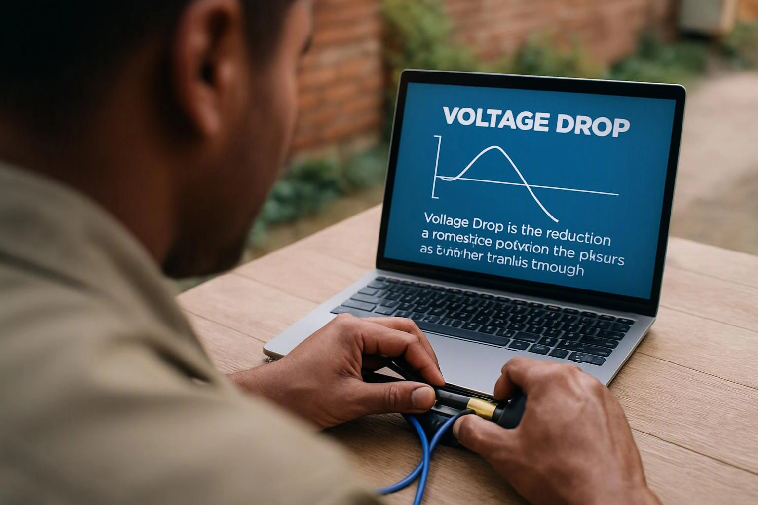 A person holds wires beside a laptop showing a voltage drop slide on a wooden table