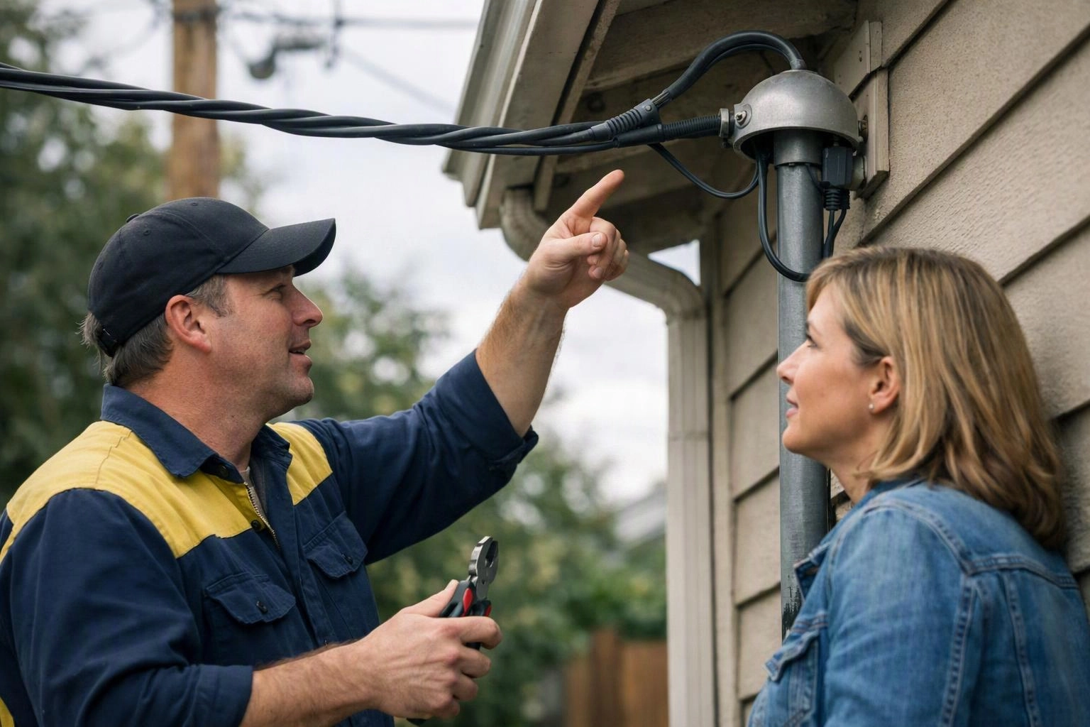 A man in a cap points at outdoor wiring while holding pliers, facing a woman beside a house wall