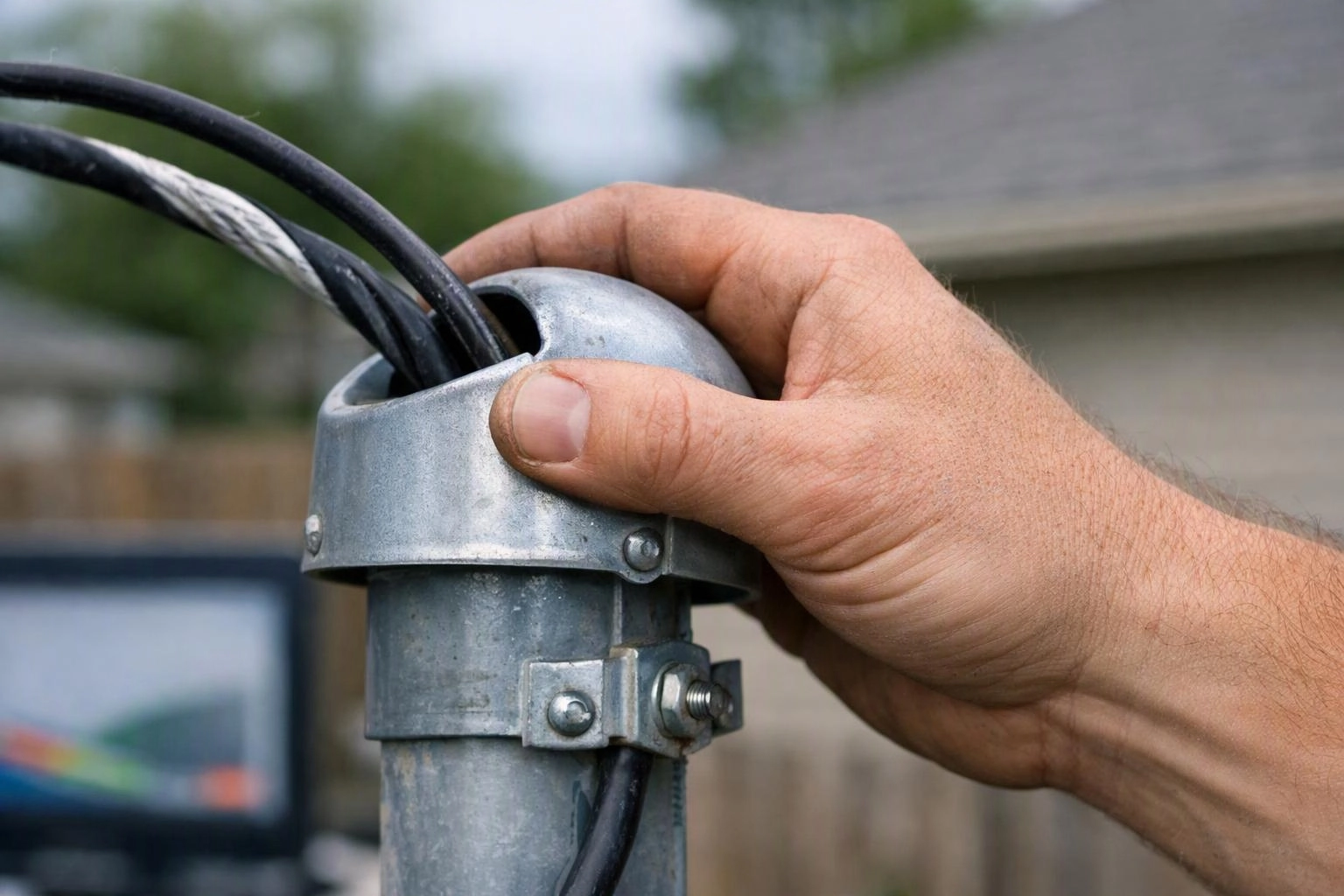 A hand grips a metal conduit cap with black cables, outdoors near a blurred house backdrop
