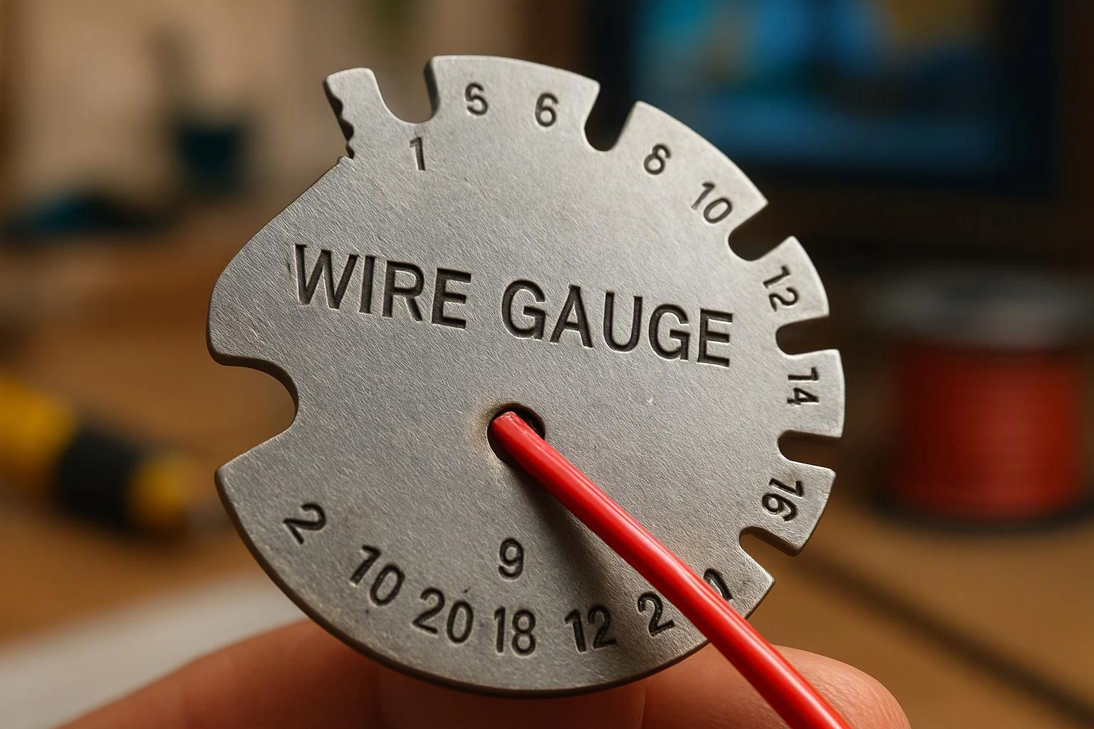 A hand holds a metal wire gauge with a red wire threaded through one slot, against a blurred workshop background