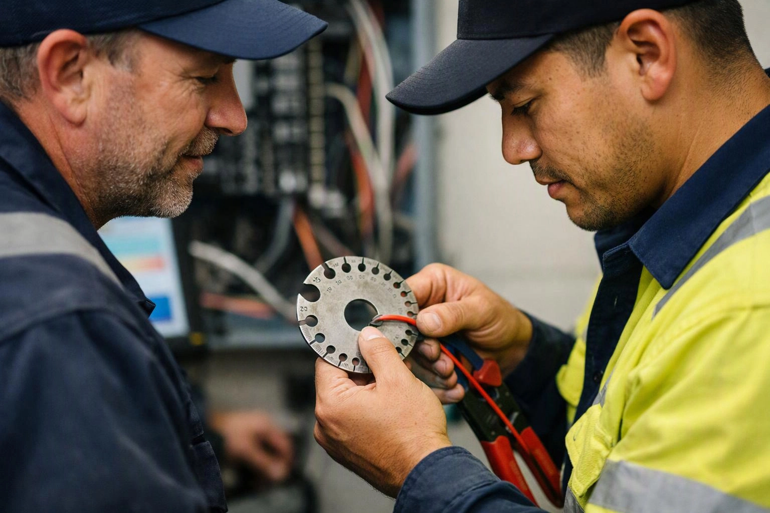 Two workers in caps and safety gear inspect a circular metal gauge with red wires in an industrial room