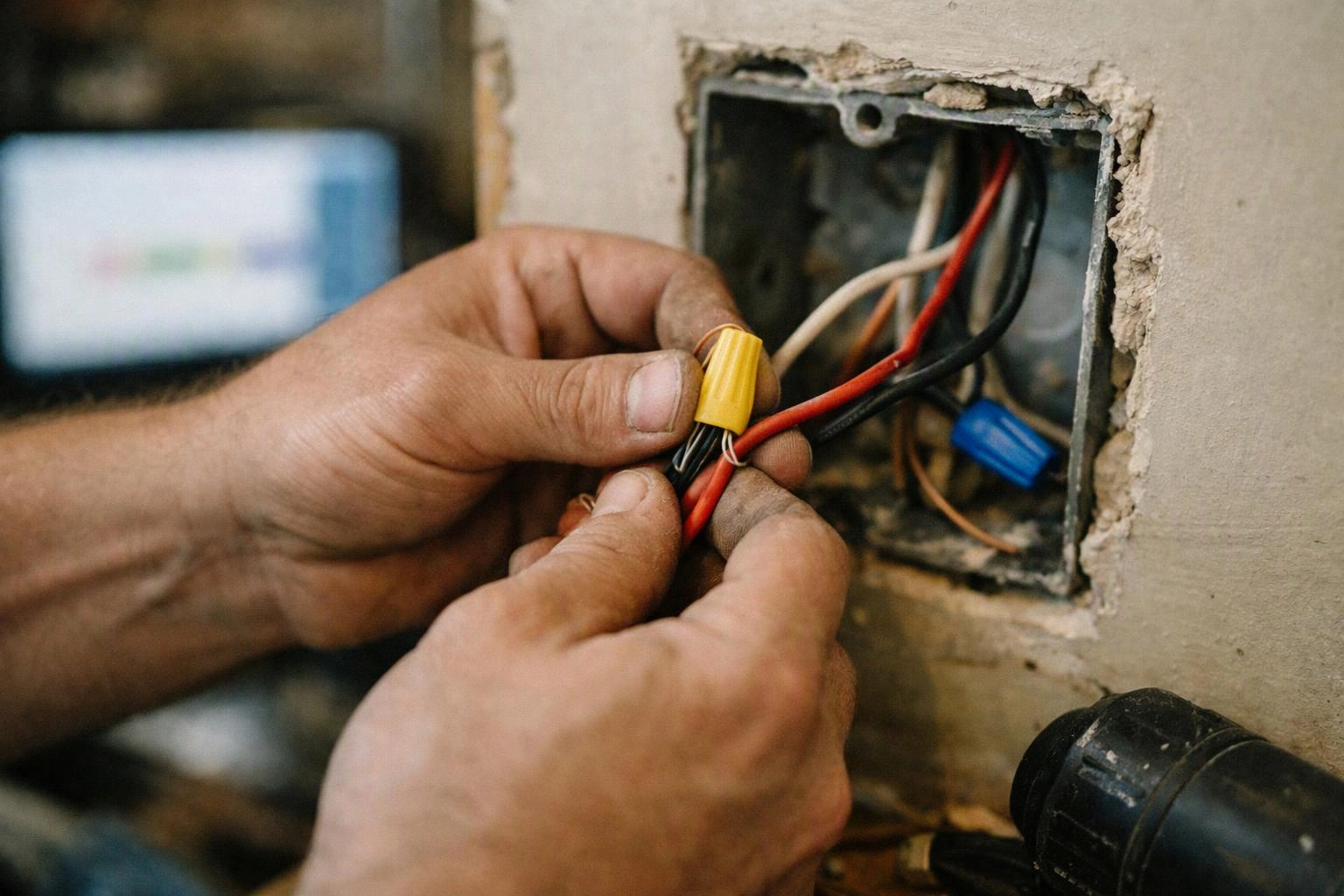 Hands twist wire nuts on exposed electrical wires inside a wall opening