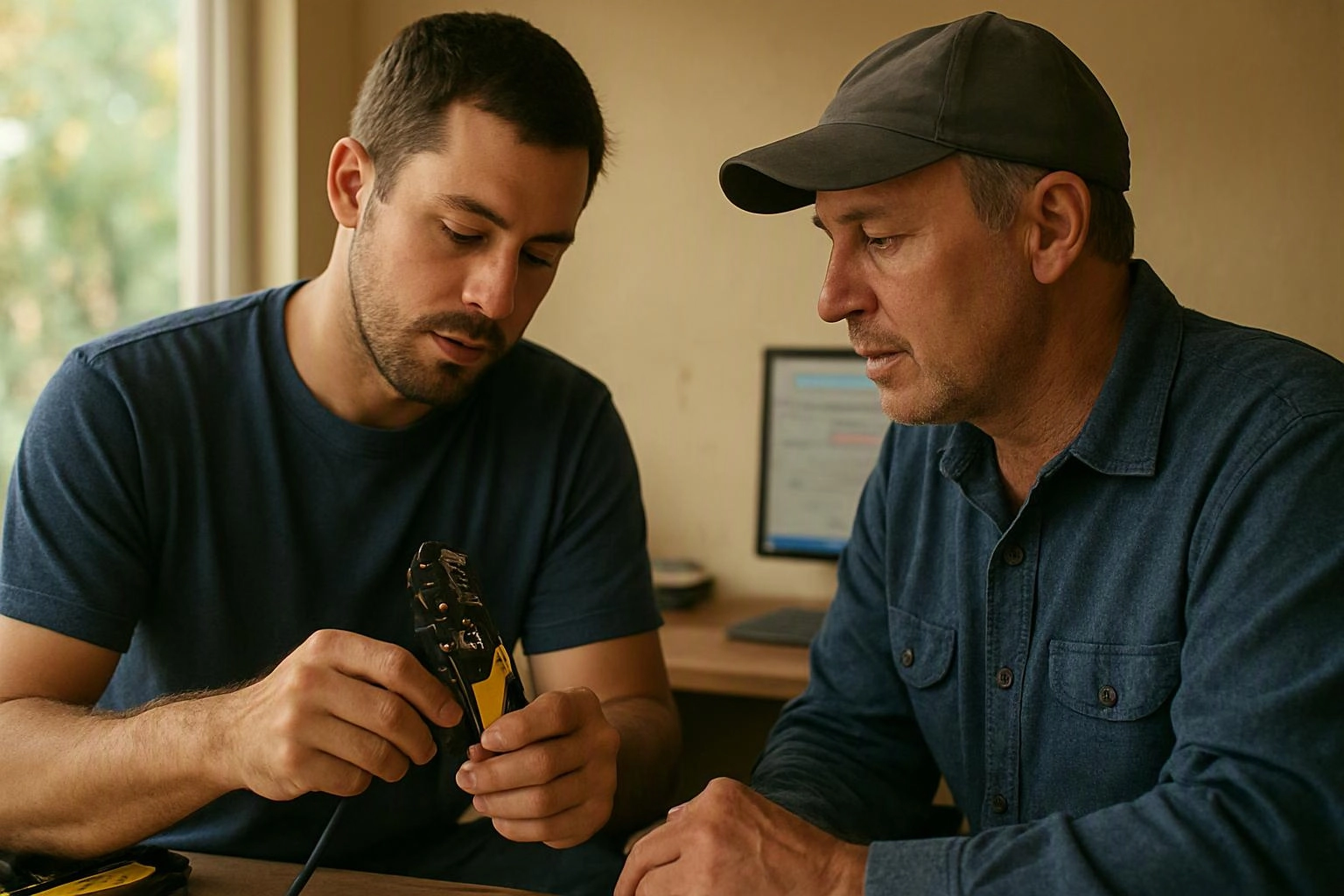 Two men study a cable crimping tool at a desk near a computer screen