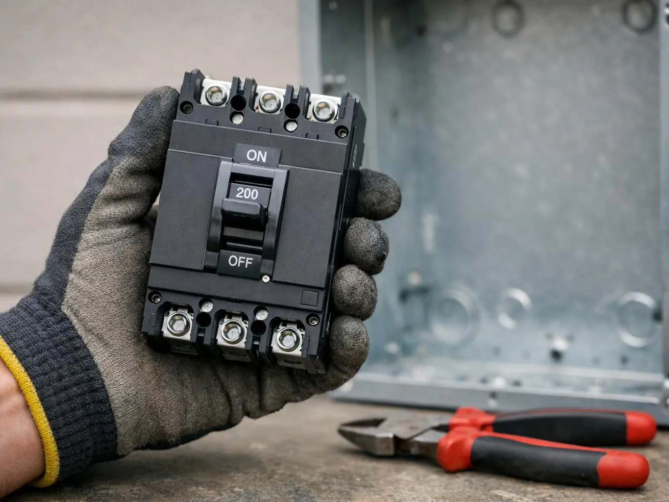 Gloved hand holds a black circuit breaker beside pliers and a metal electrical box
