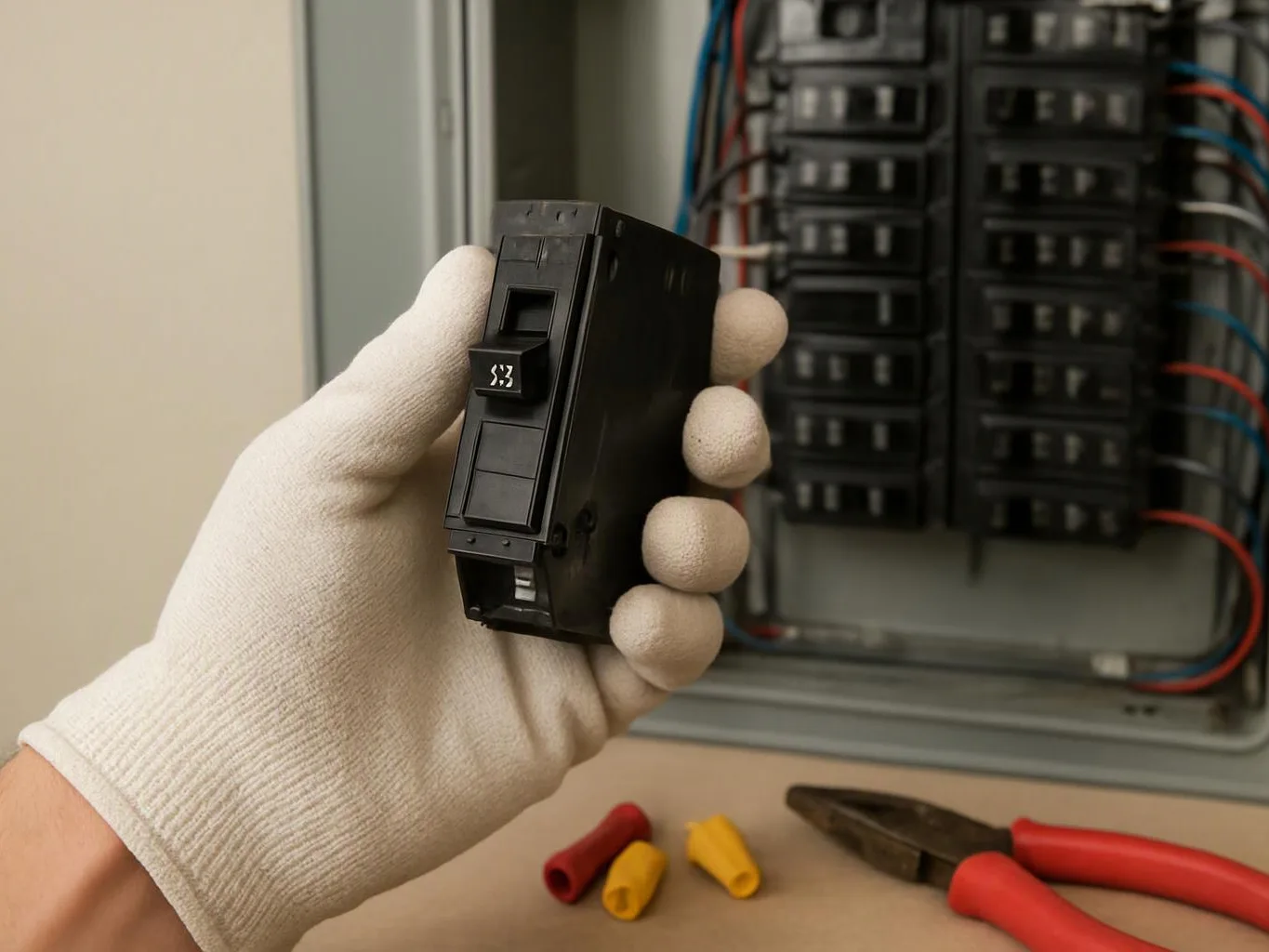 A gloved hand holds a black circuit breaker near an open electrical panel with wires and tools nearby