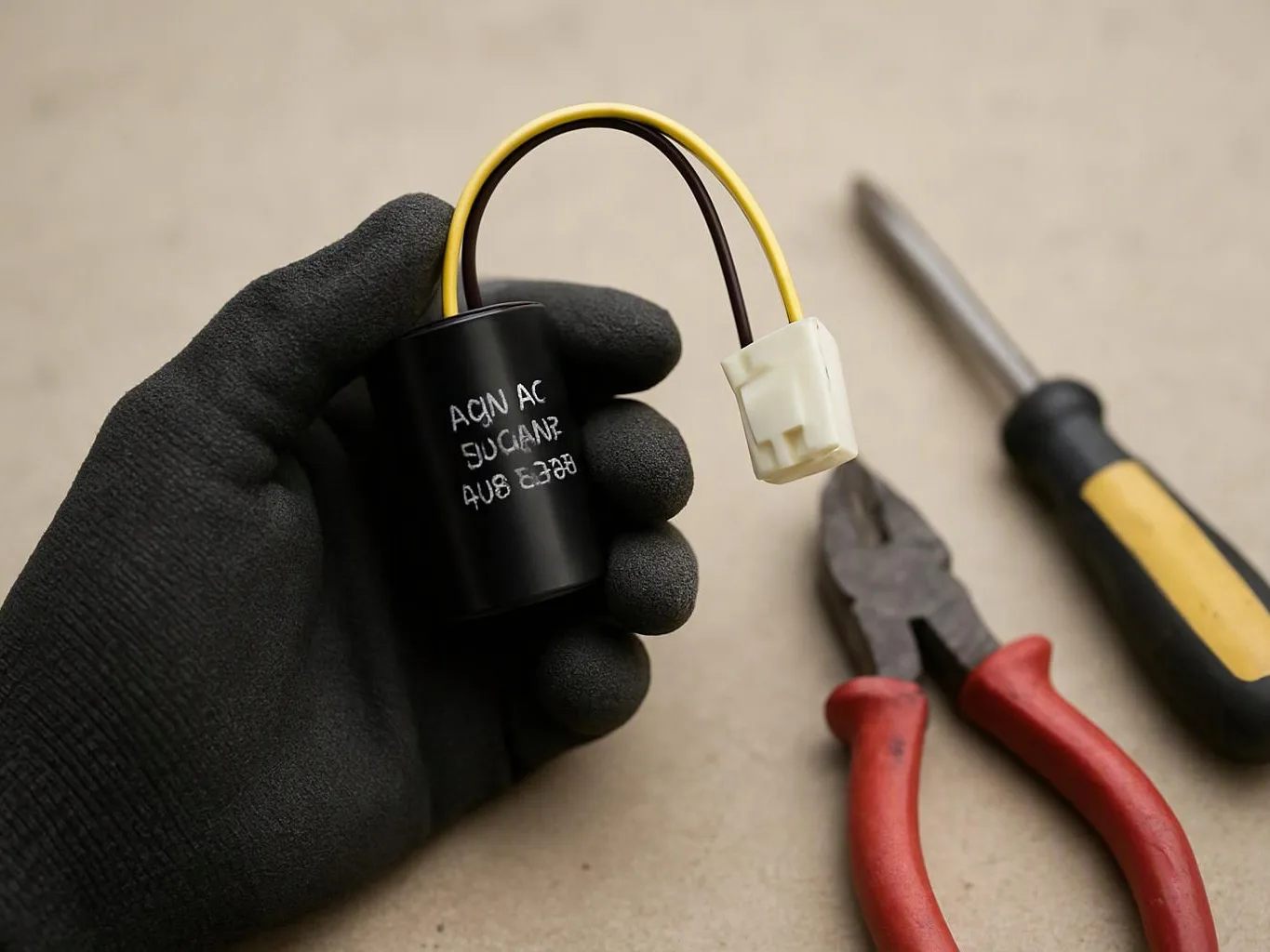 A gloved hand holds a black cylindrical capacitor with attached wires beside pliers and a screwdriver on a workbench