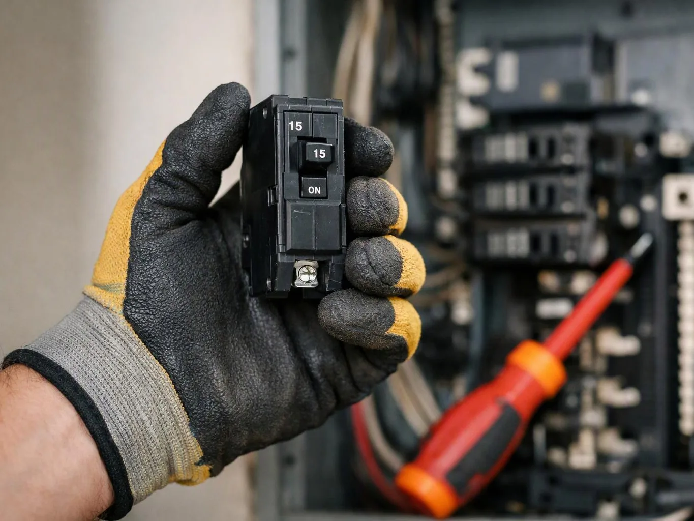 A gloved hand holds a black electrical circuit breaker in front of an open panel with a red screwdriver