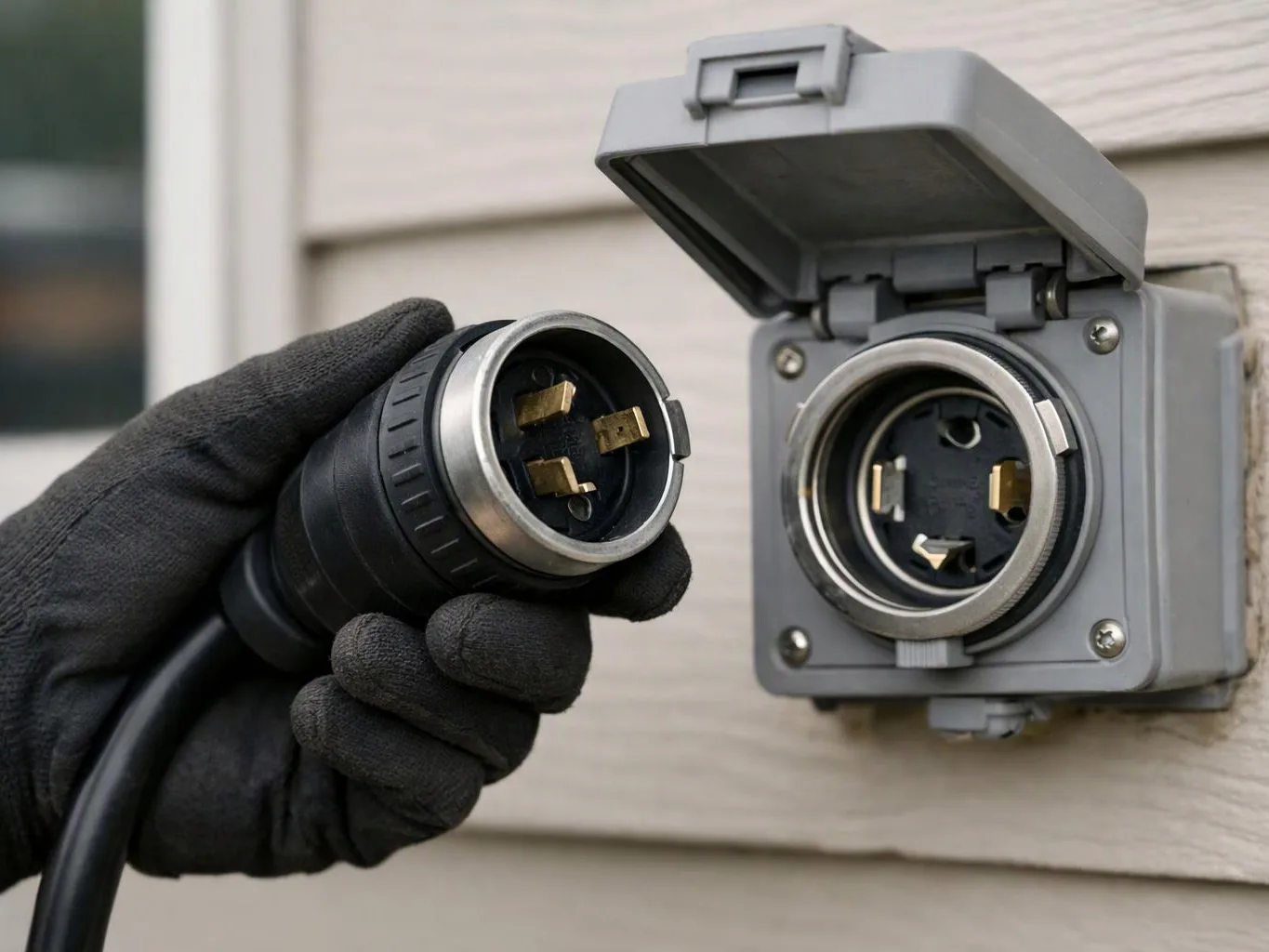 A gloved hand holds a black power plug near an open outdoor electrical outlet on a wall
