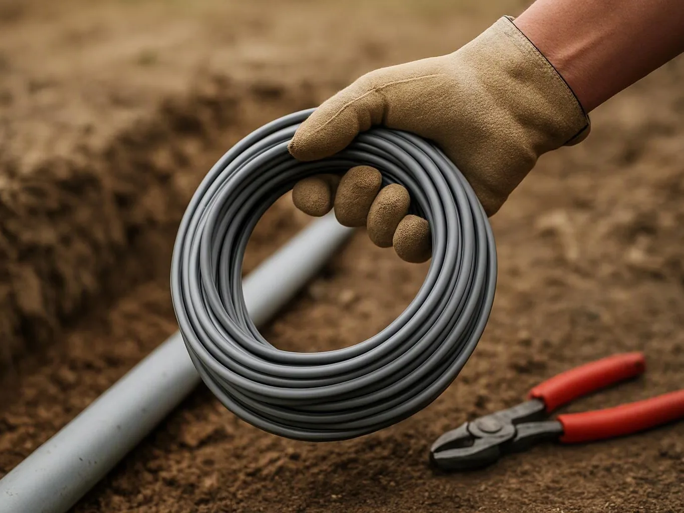 A gloved hand holds a coiled gray cable above a dirt trench with pipes and red-handled pliers