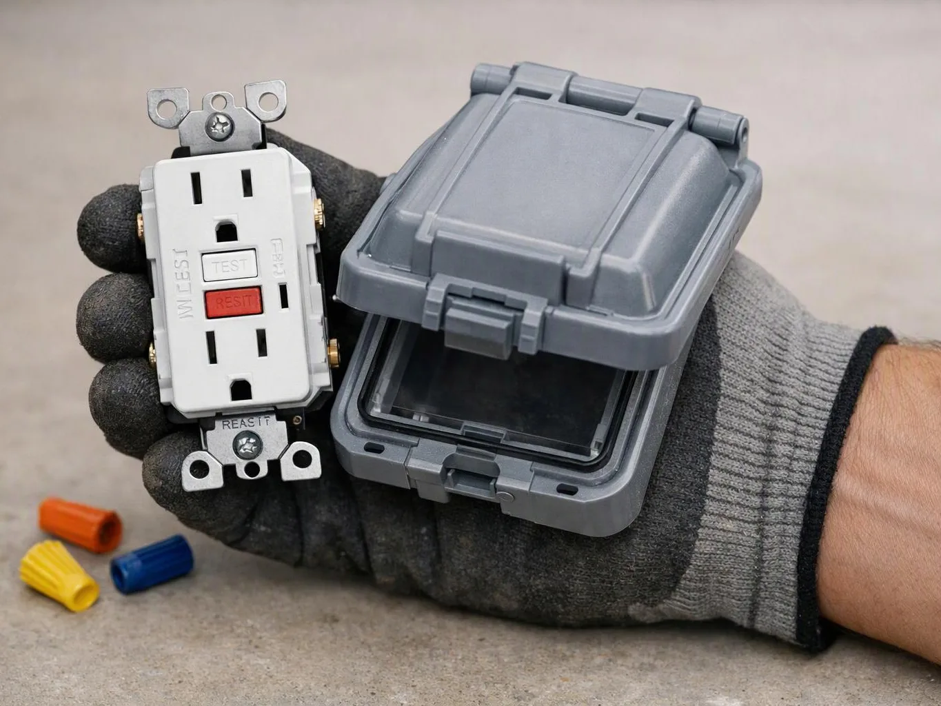 A gloved hand holds a GFCI outlet and a gray weatherproof cover on a concrete surface