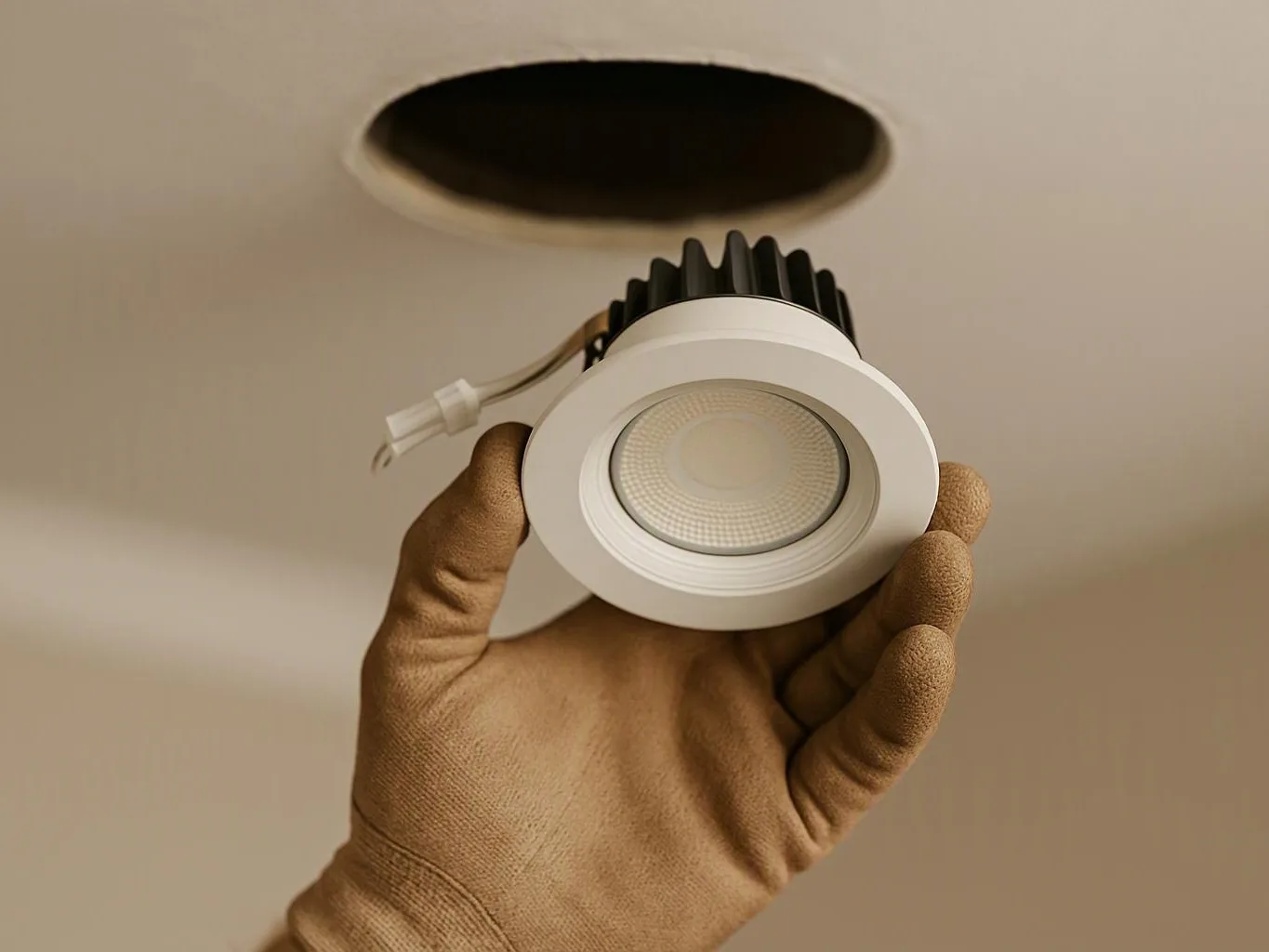 A gloved hand holds a recessed ceiling light fixture near an open ceiling hole
