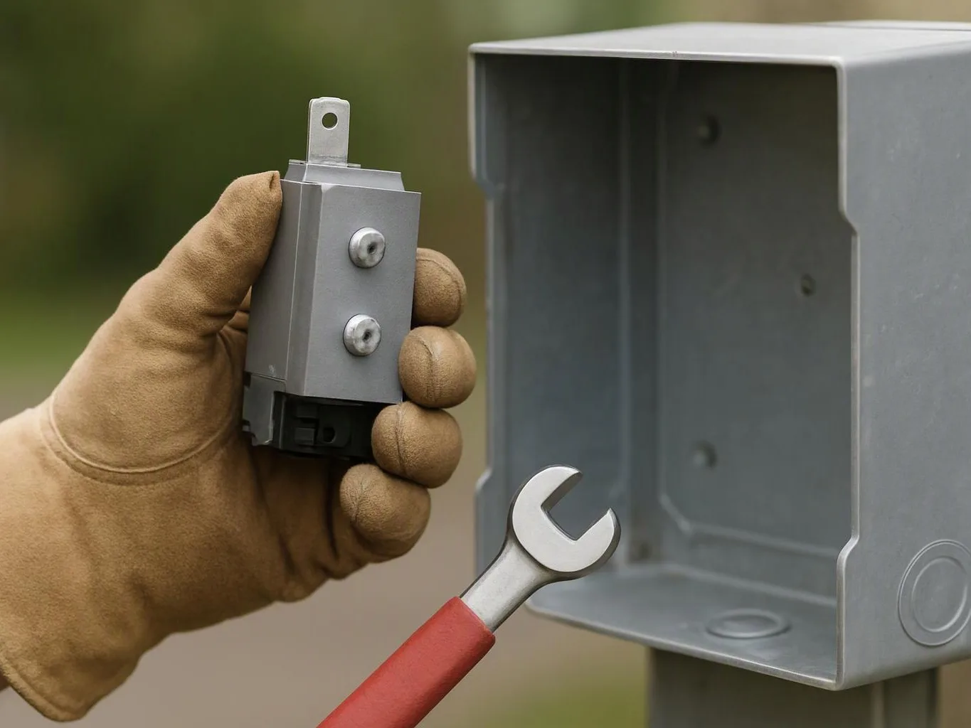 A gloved hand holds a small electrical part beside an open metal box, with a red-handled wrench below