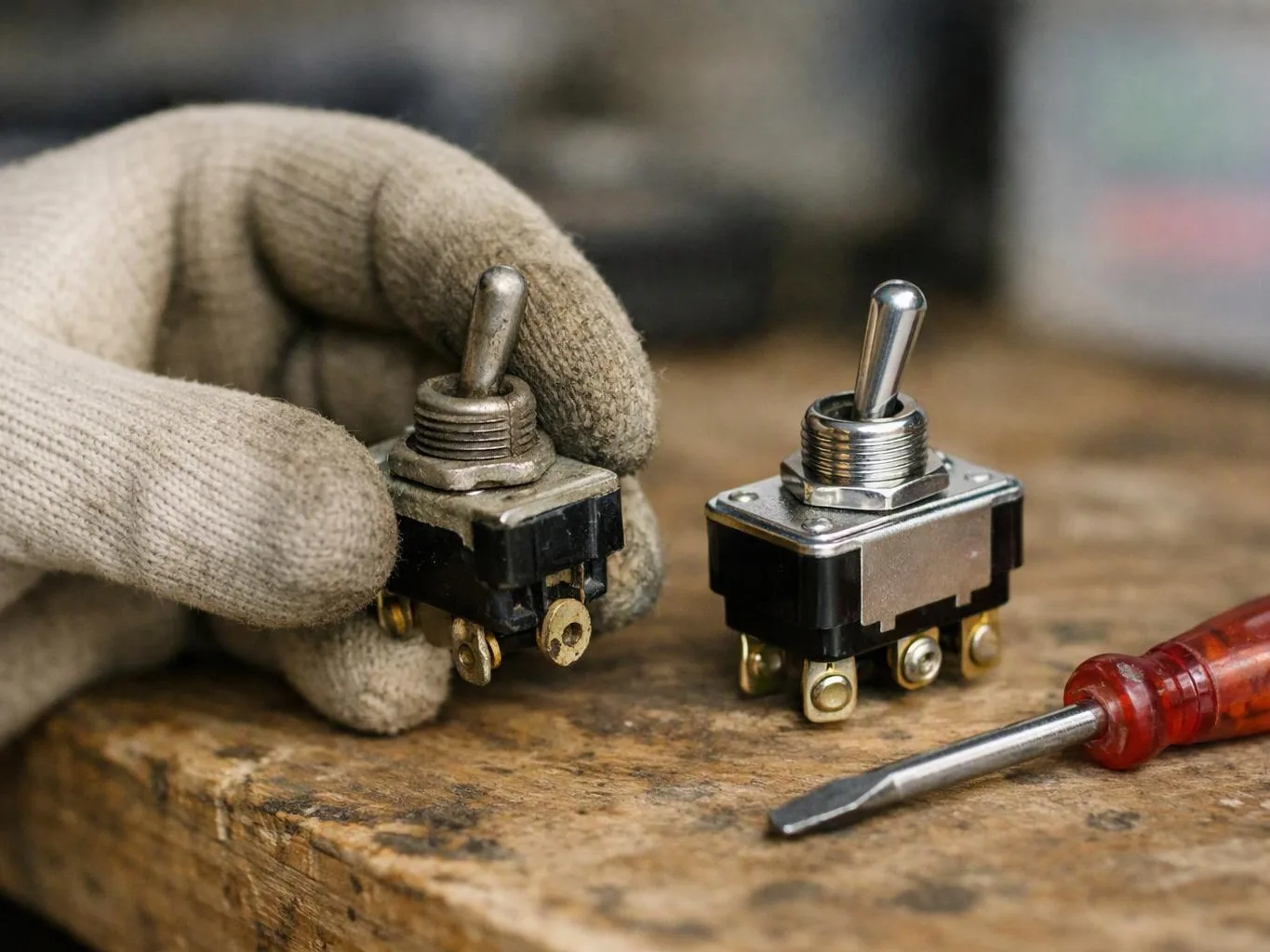 A gloved hand holds a small toggle switch beside another switch and a screwdriver on a worn workbench