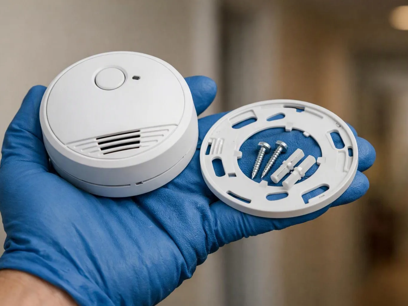 A gloved hand holds a smoke detector and its mounting ring with screws and wall anchors against a blurred indoor background