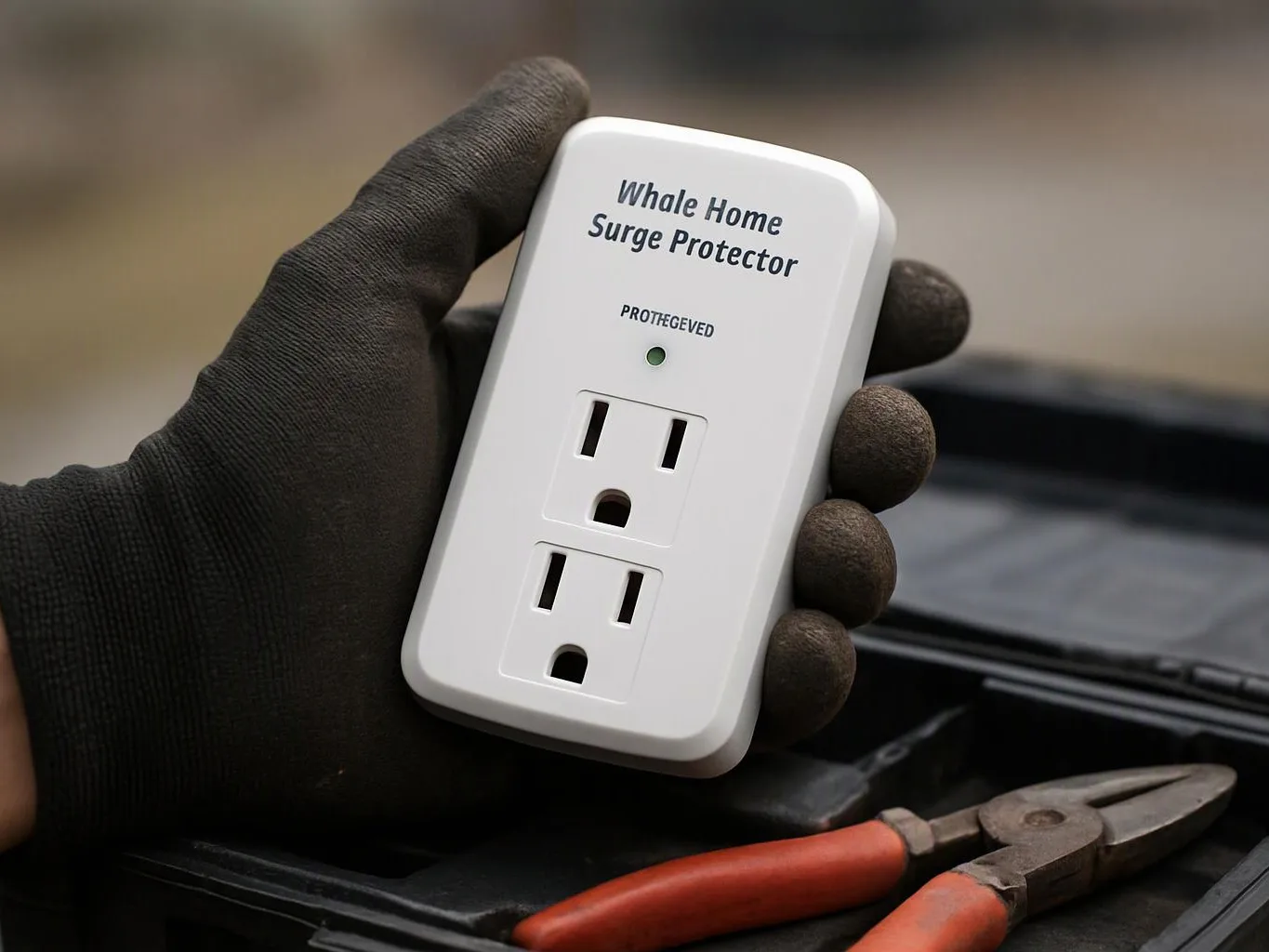 A gloved hand holds a white surge protector above a toolbox with pliers in view