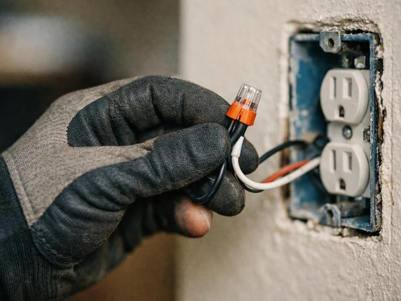 Gloved hand holds a wire connector beside an exposed wall outlet during electrical work
