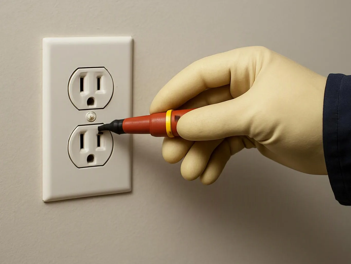 A gloved hand uses a voltage tester on a wall outlet in a plain indoor room