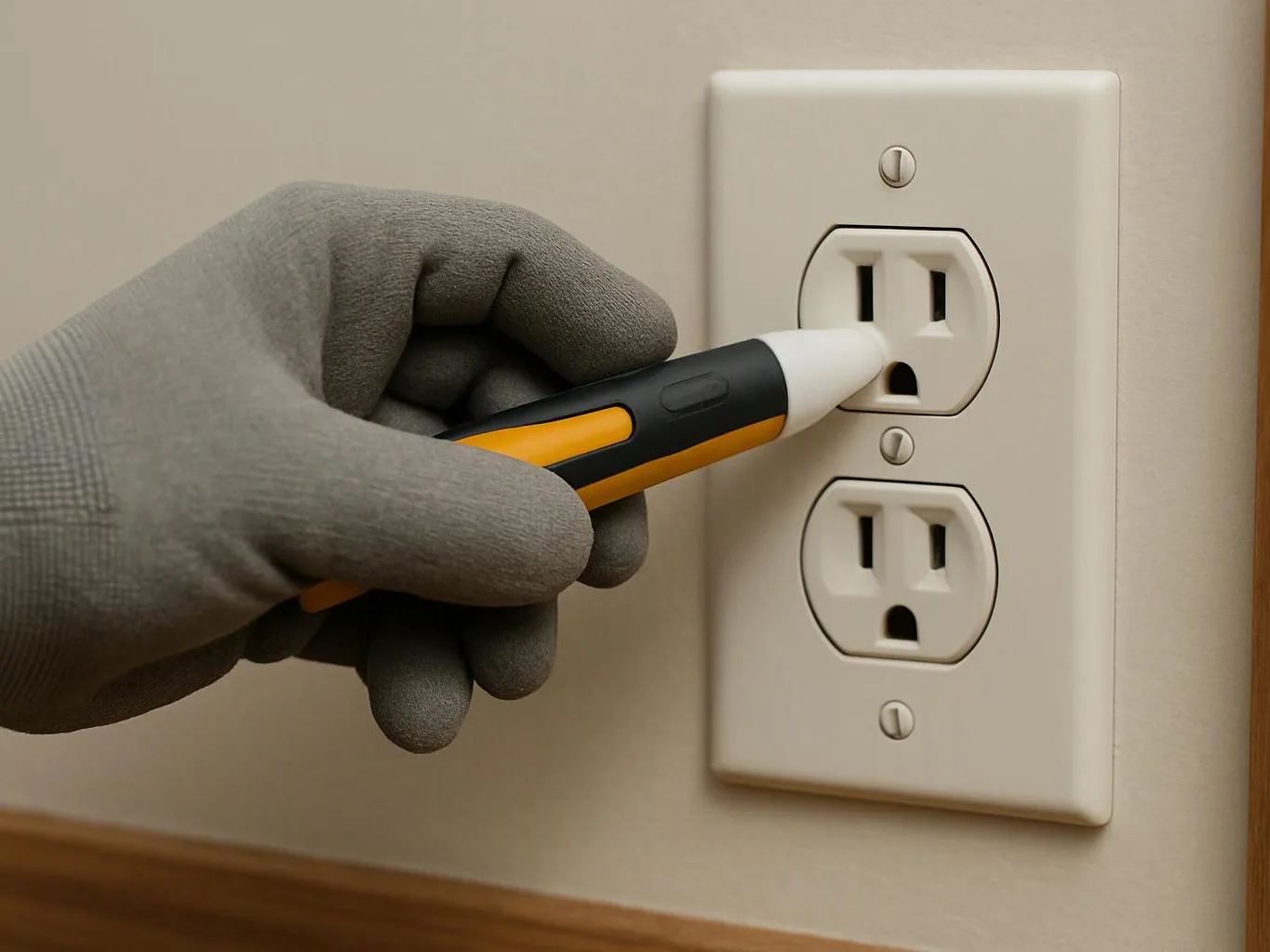 A gloved hand uses a voltage tester on a wall outlet indoors