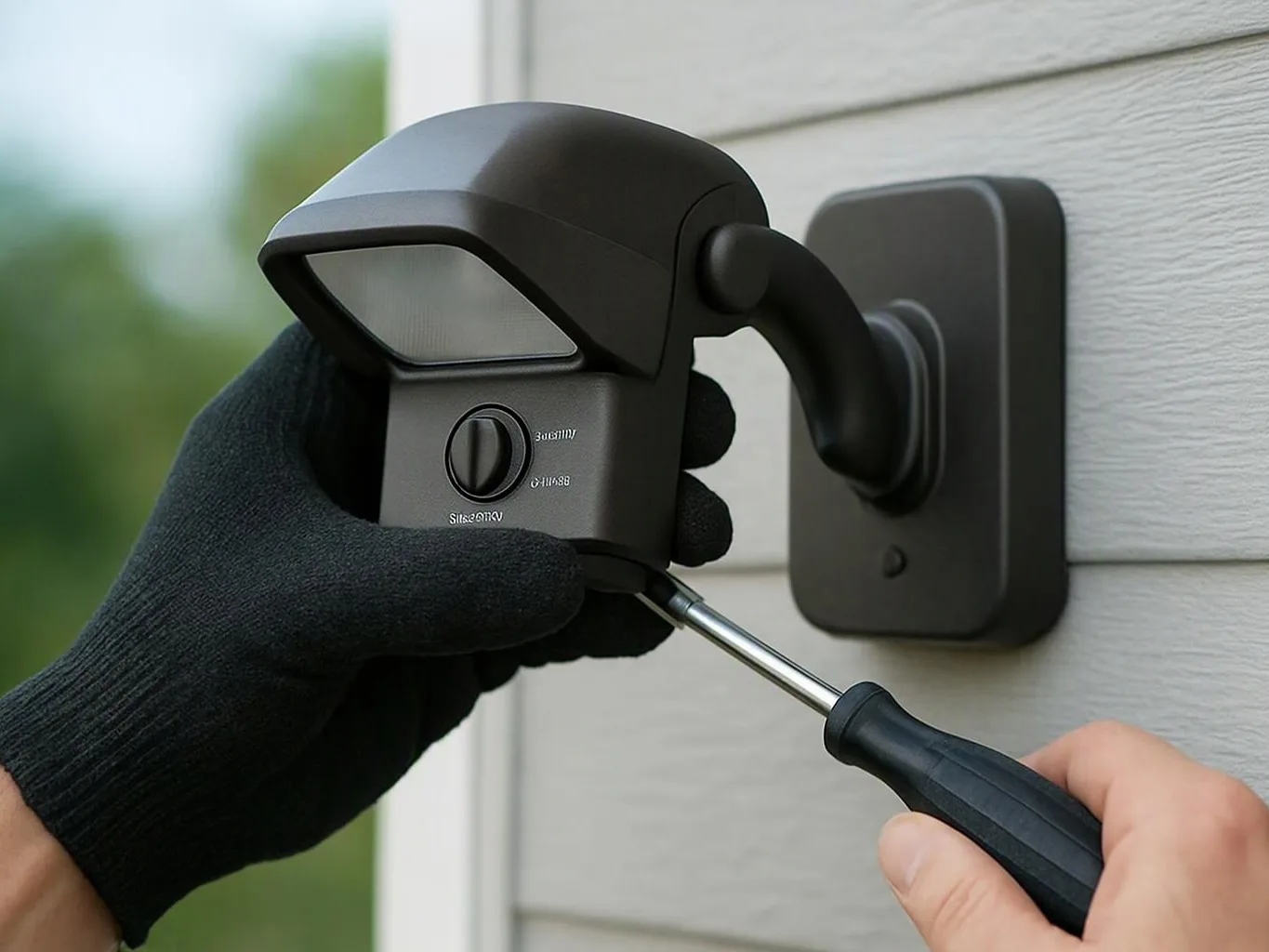 Gloved hands use a screwdriver to adjust a black outdoor wall light on house siding
