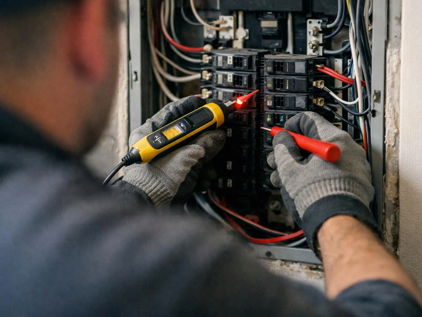 A gloved worker tests circuit breakers inside an open electrical panel with a probe and meter