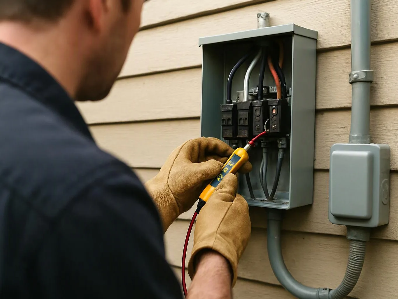A gloved worker tests wires inside an open electrical panel mounted on an exterior wall