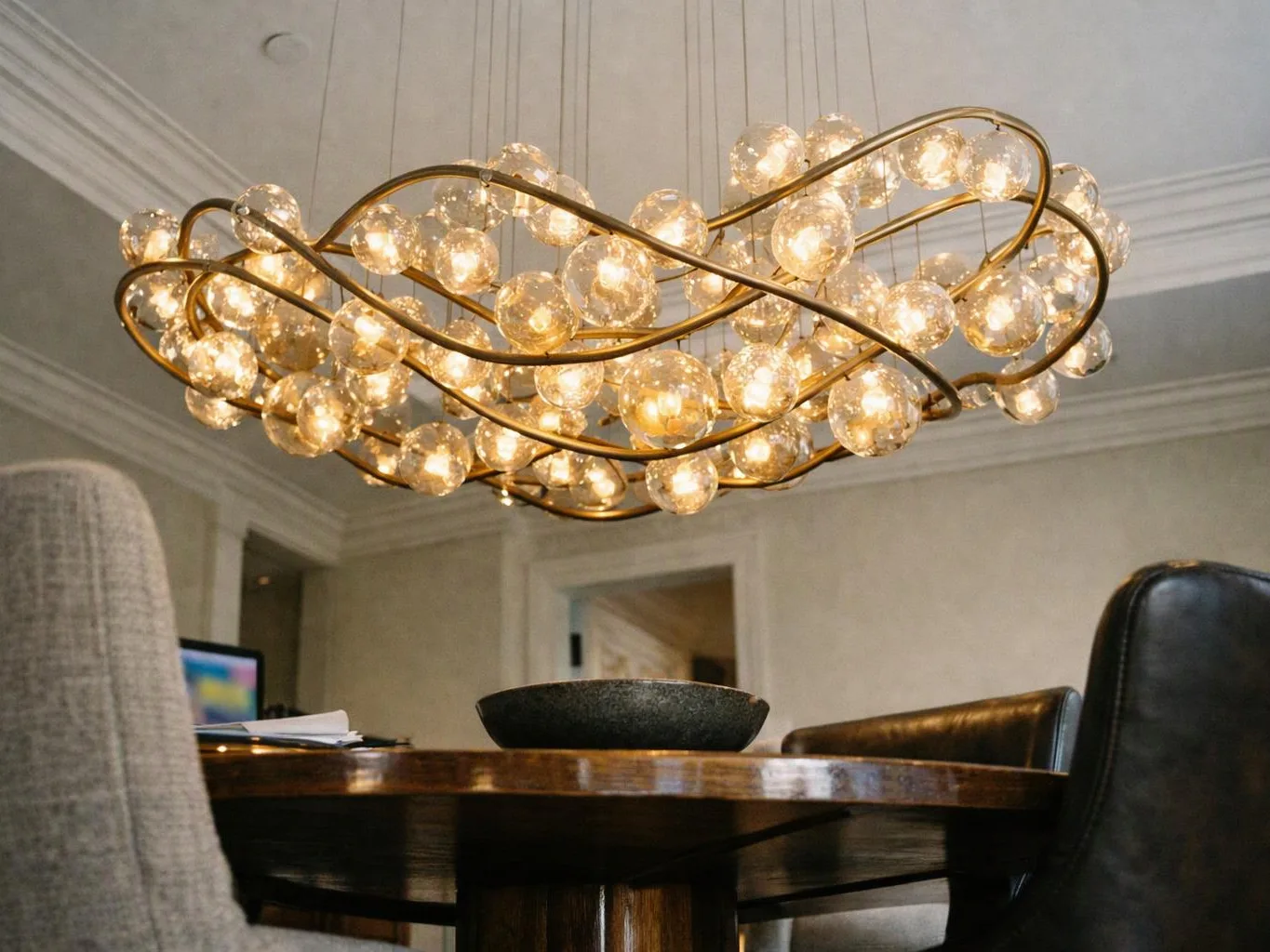 A glowing gold chandelier with glass globes hangs over a dining table in a modern room