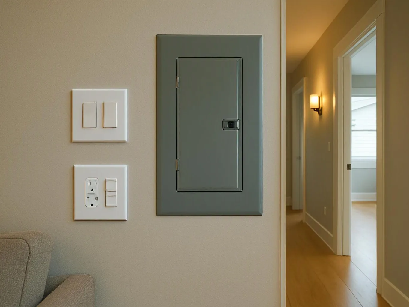 A gray electrical panel, two white wall switches, and an outlet sit beside a hallway doorway in a bright room