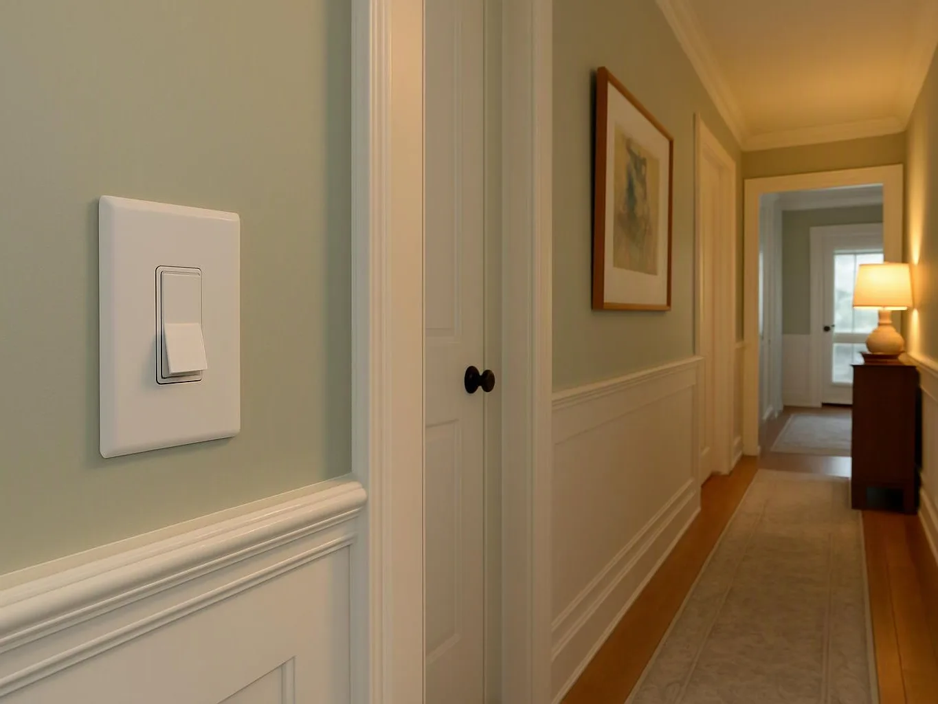 A hallway with a light switch, closed doors, framed art, and a lamp glowing on a side table