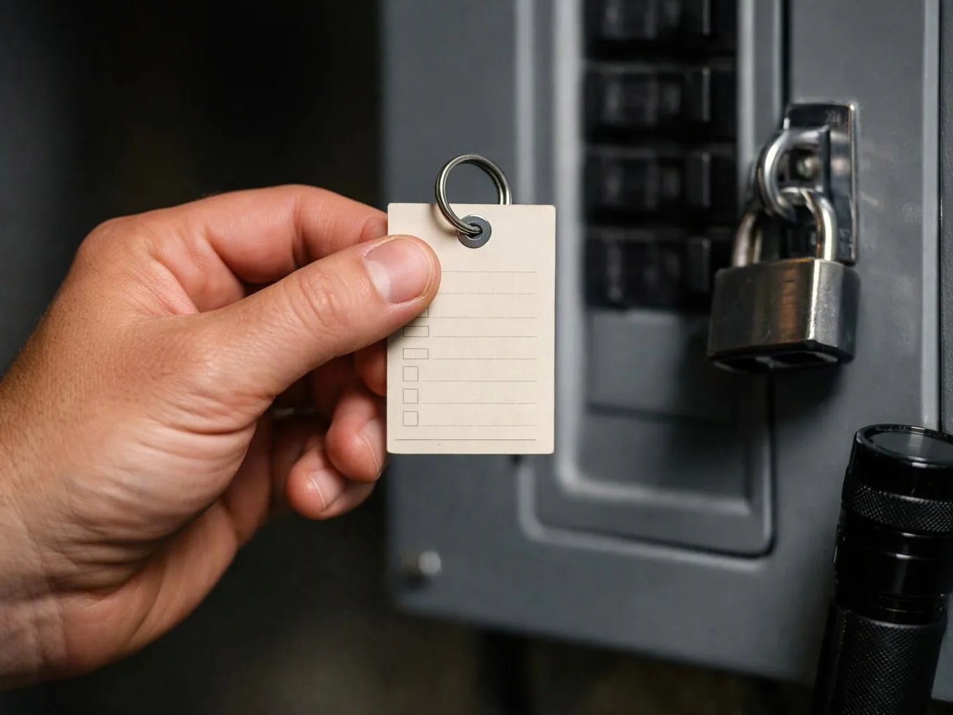 A hand holds a blank checklist tag beside a locked gray electrical panel with a flashlight nearby