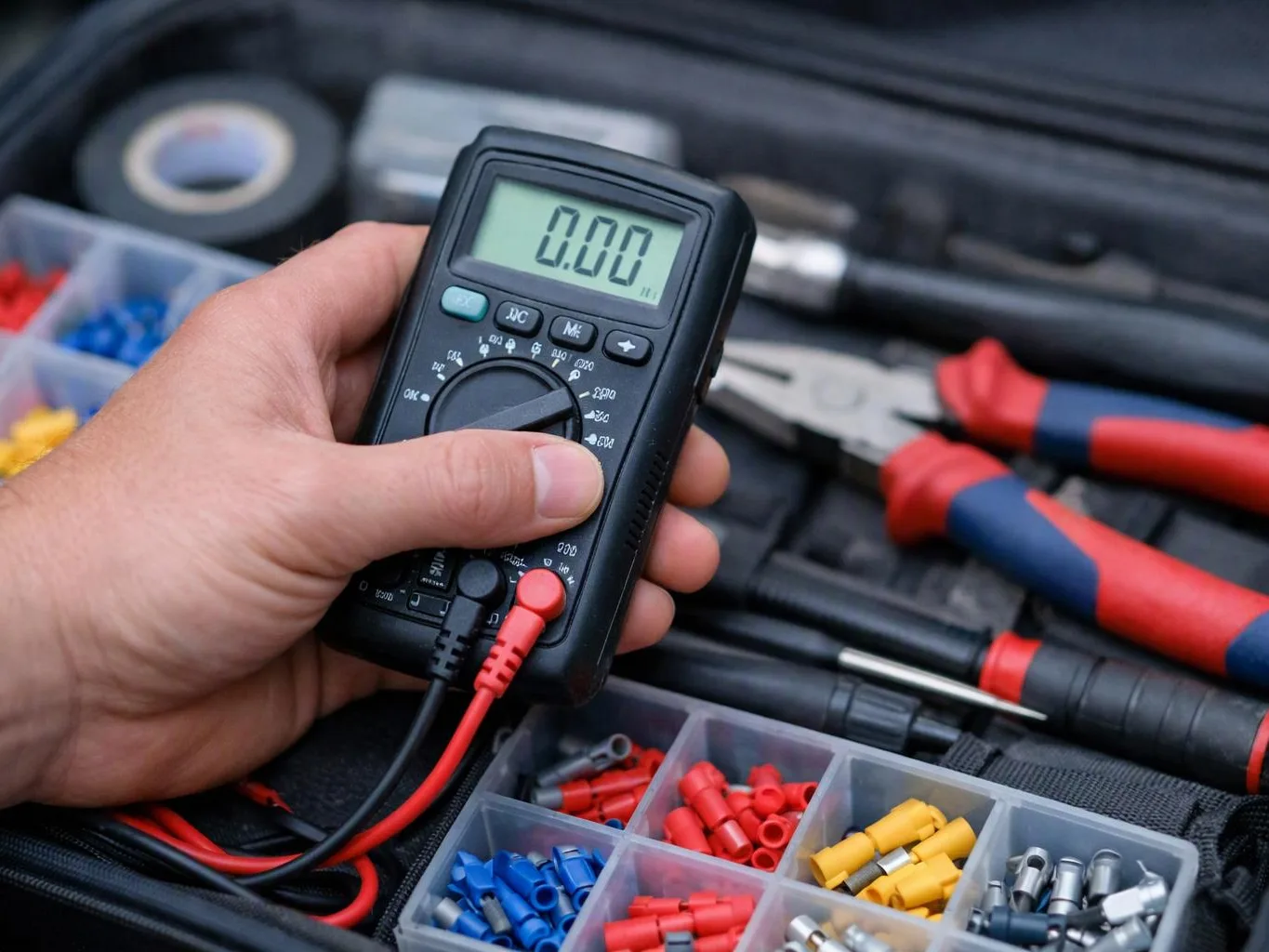 A hand holds a digital multimeter over a tool kit with pliers, screwdrivers, and colored wire connectors
