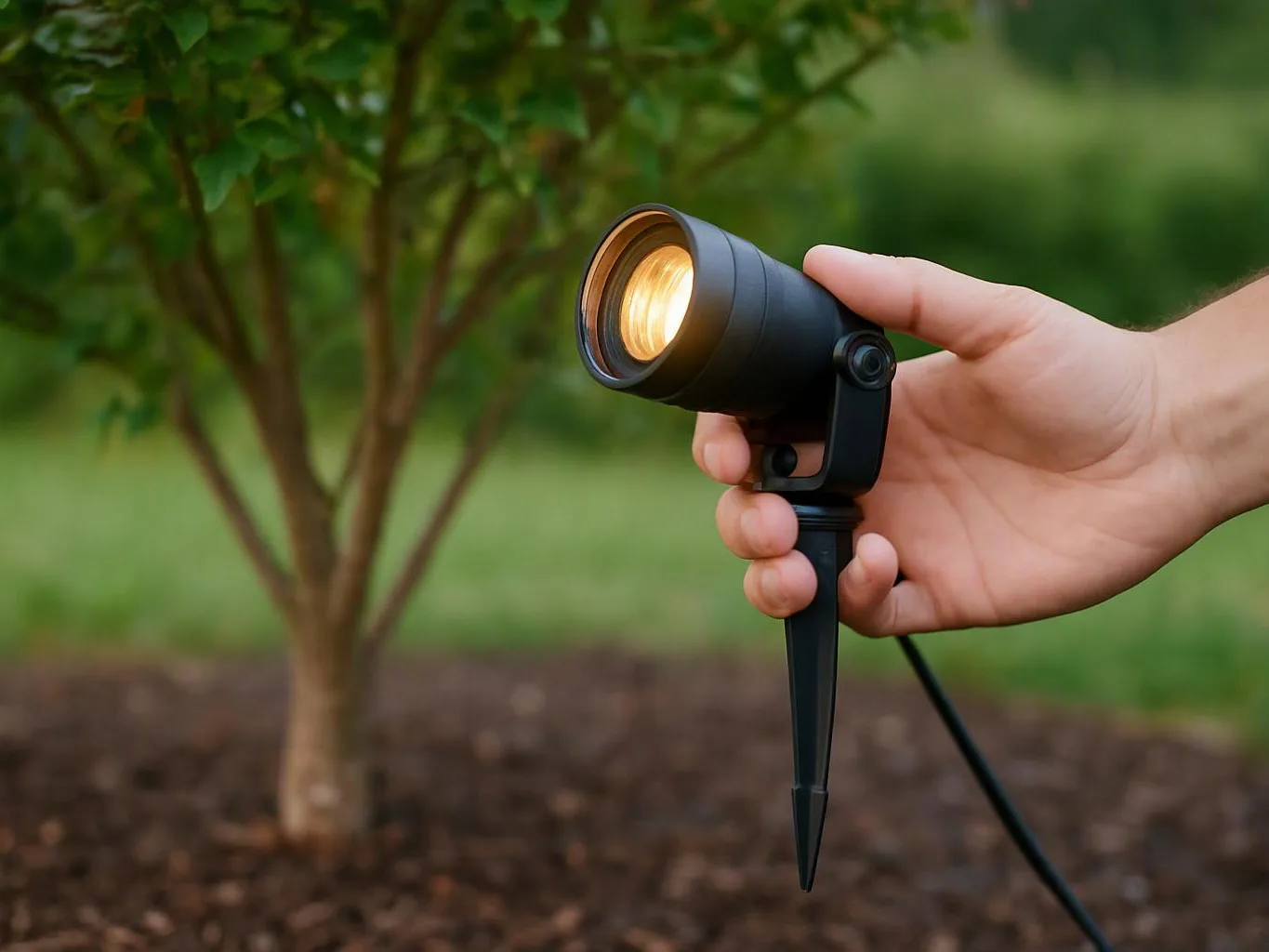 A hand holds a glowing black garden spotlight beside a small tree in a grassy yard