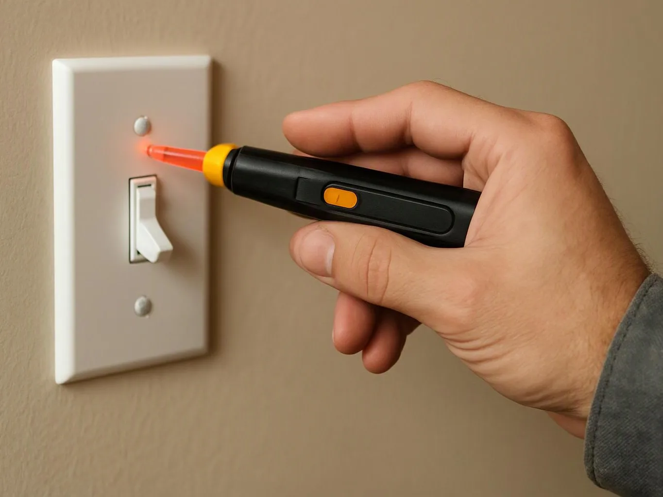 A hand holds a glowing voltage tester near a wall light switch on a beige wall