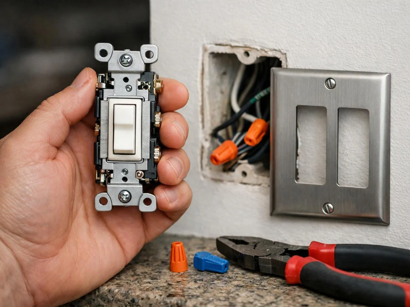 A hand holds a light switch beside an open wall box, with wire nuts and pliers on a countertop