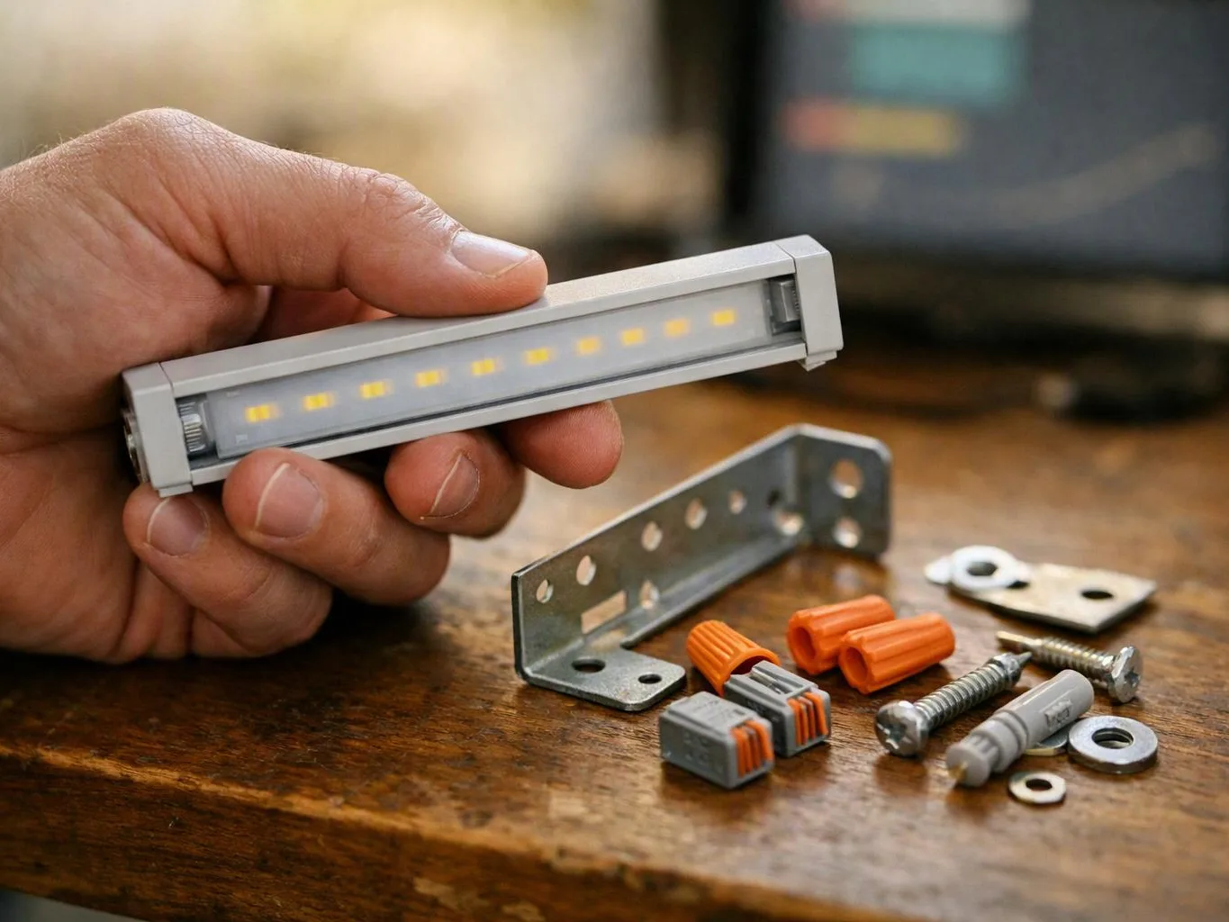 A hand holds a small LED light strip above screws, wall anchors, and a metal bracket on a wooden table