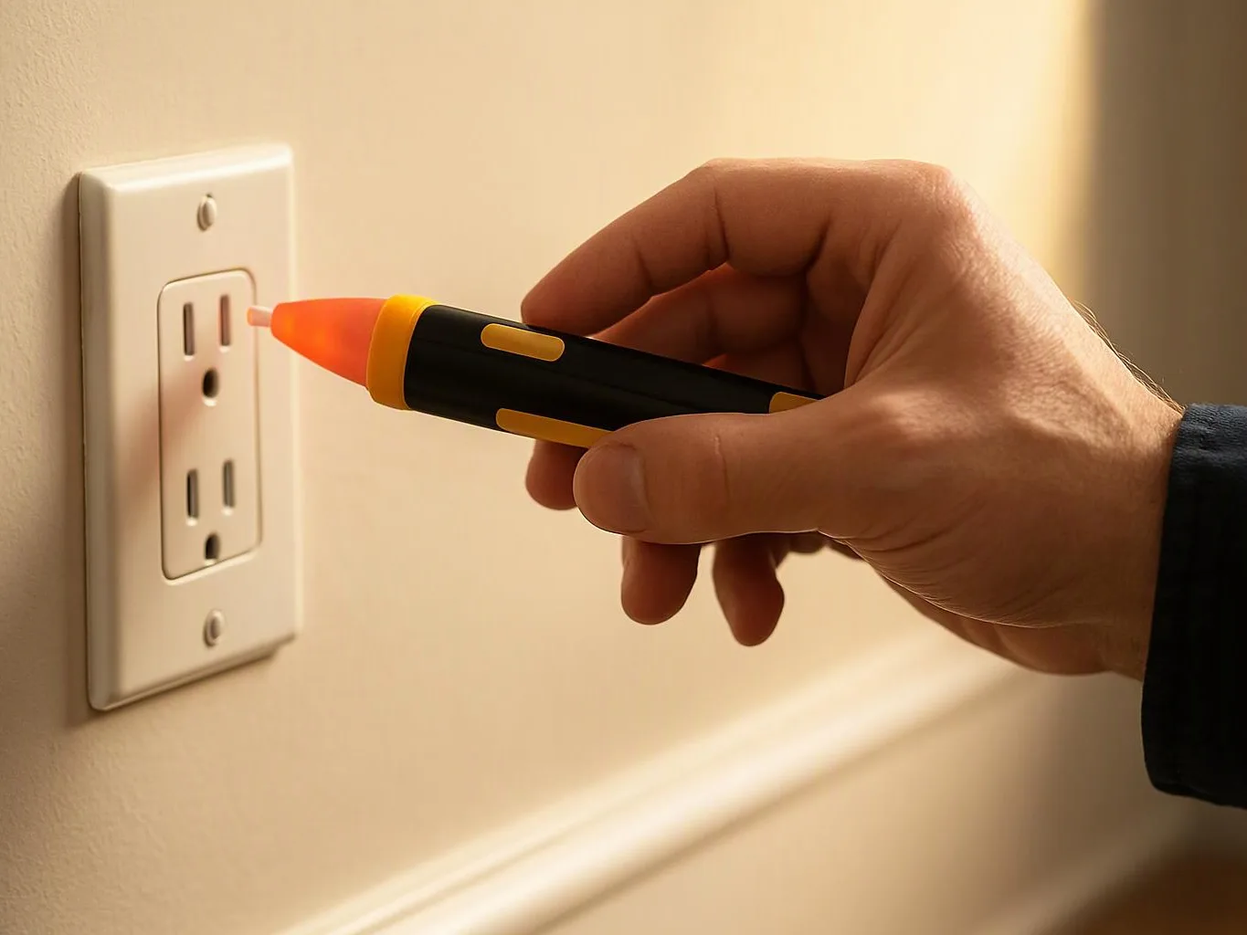 A hand holds a voltage tester near a wall electrical outlet in a warmly lit room